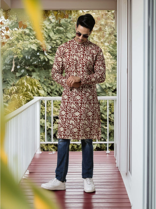 Jaipur Print Maroon Long Kurta