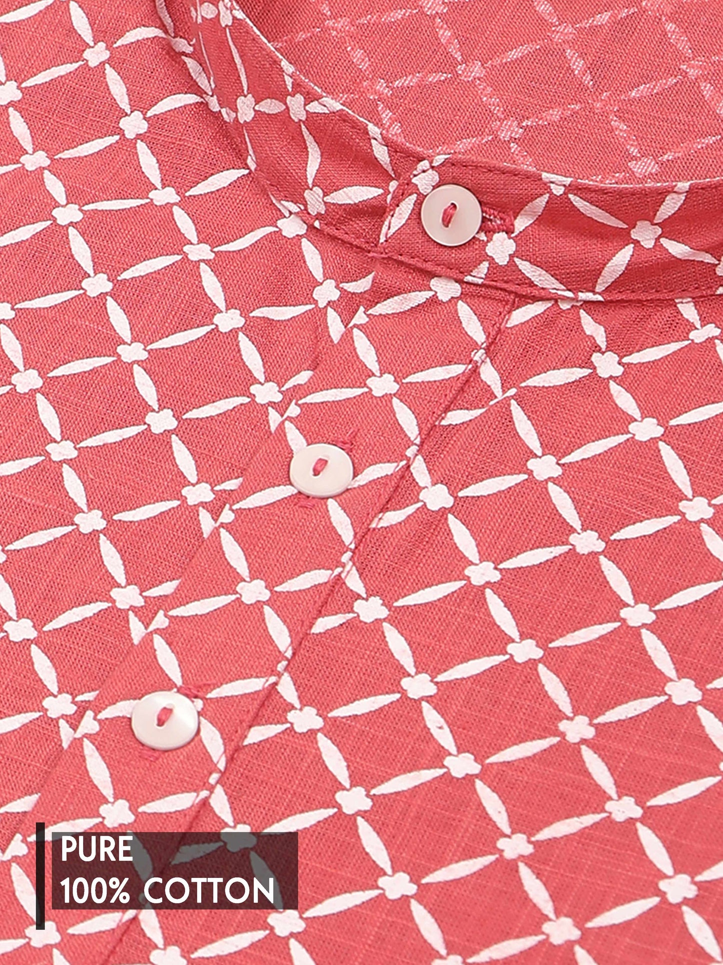 Peach and White Printed Short Kurta