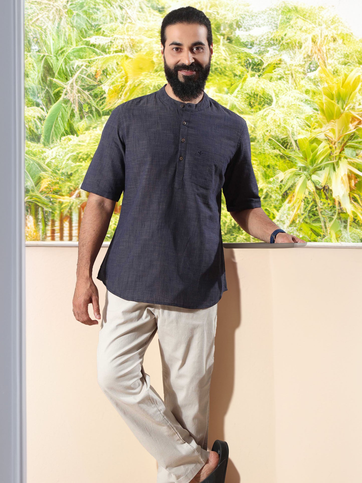 Steel Blue Self Textured Short Kurta