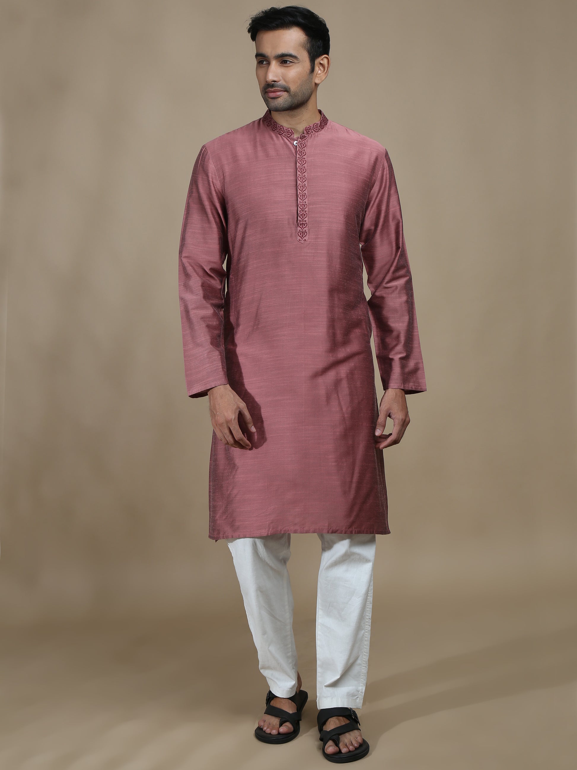 Dusty Rose Embroidered Long Kurta for Men