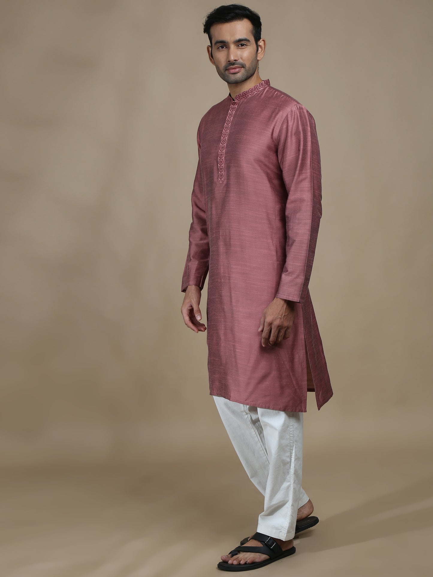 Dusty Rose Embroidered Long Kurta for Men