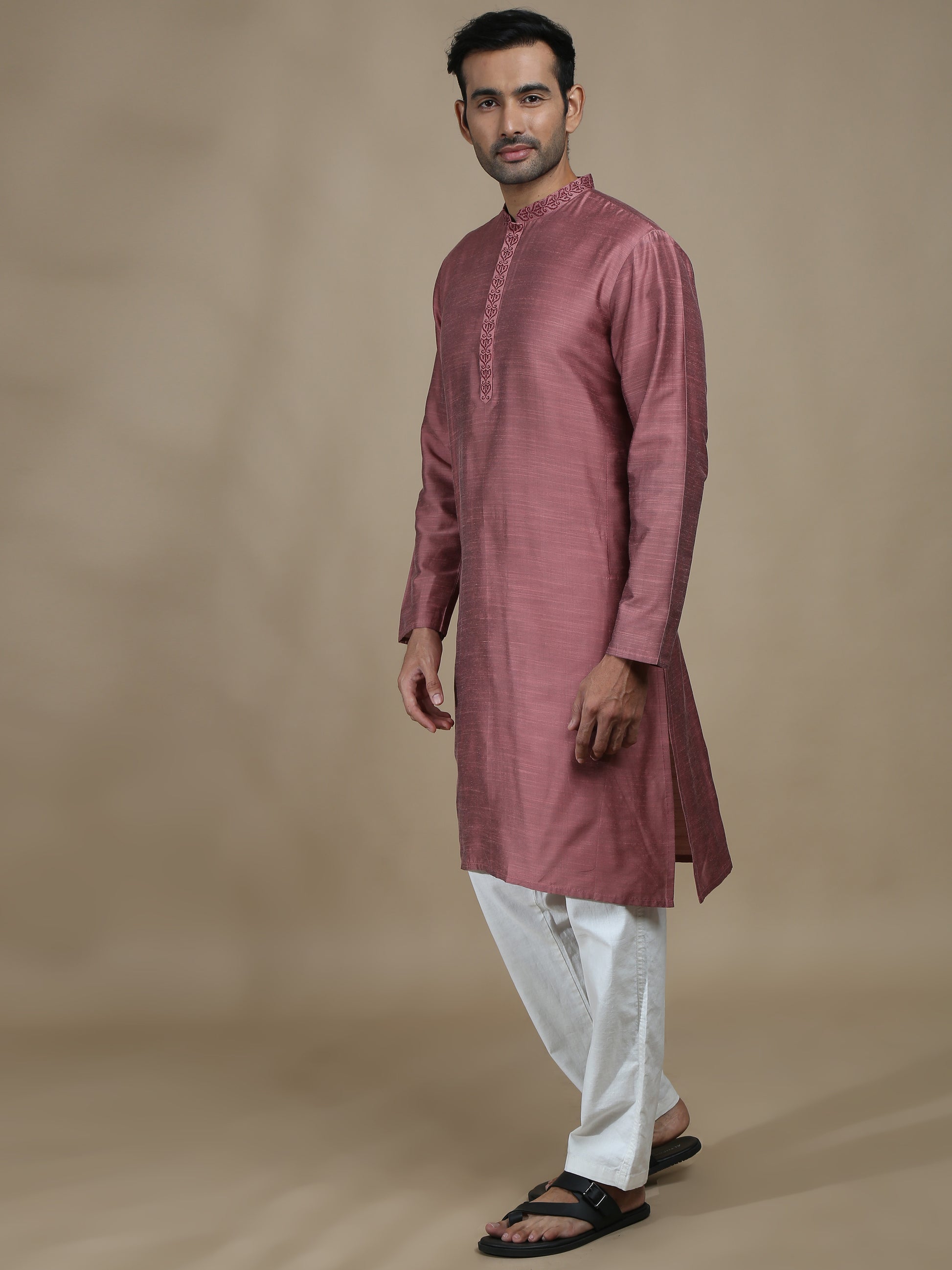 Dusty Rose Embroidered Long Kurta for Men