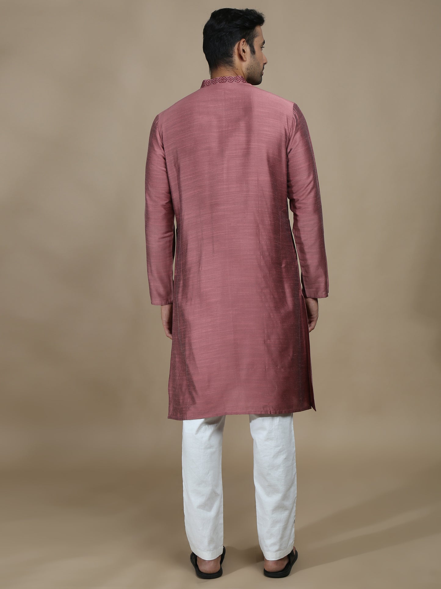 Dusty Rose Embroidered Long Kurta for Men