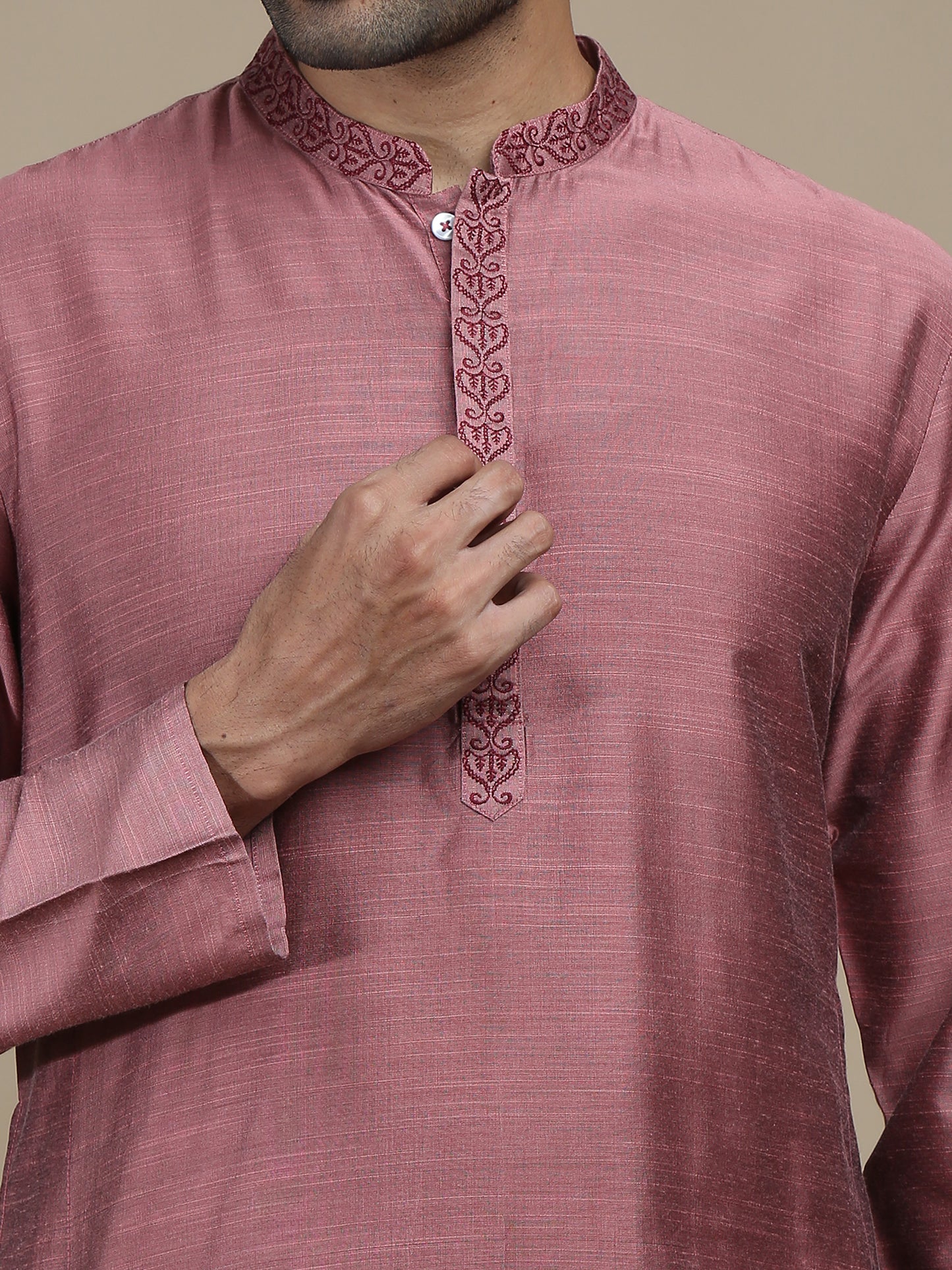 Dusty Rose Embroidered Long Kurta for Men