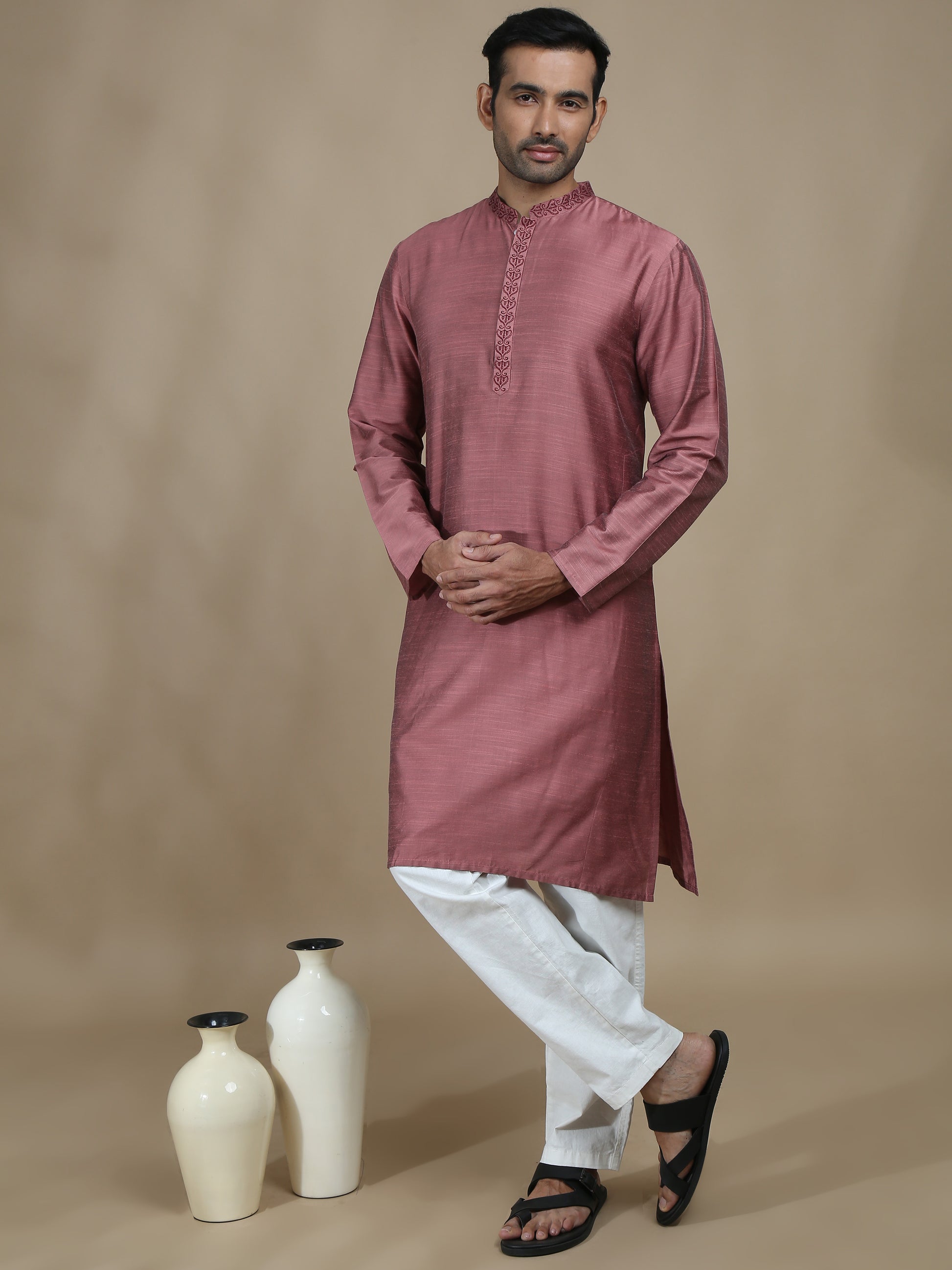 Dusty Rose Embroidered Long Kurta for Men