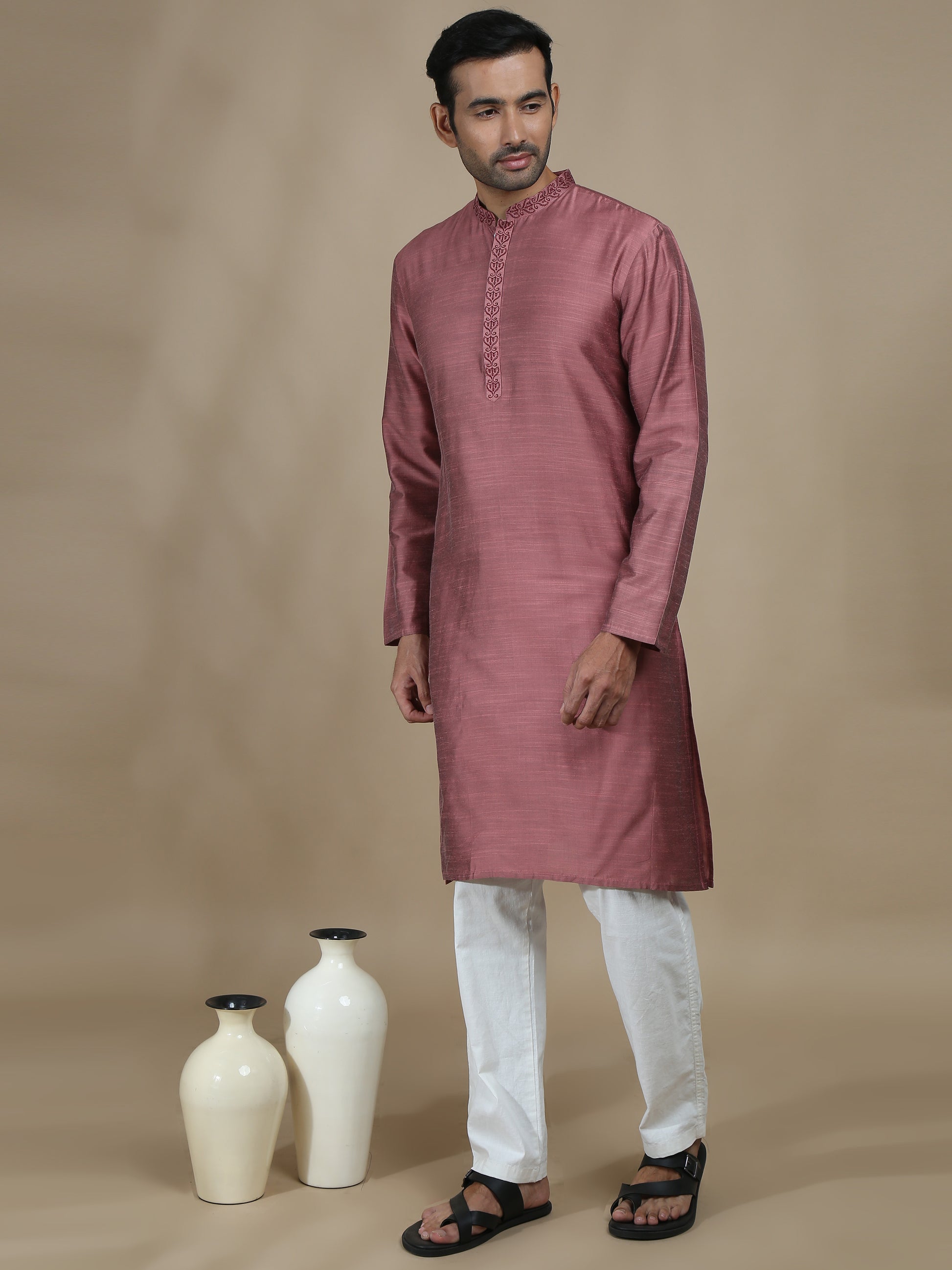 Dusty Rose Embroidered Long Kurta for Men