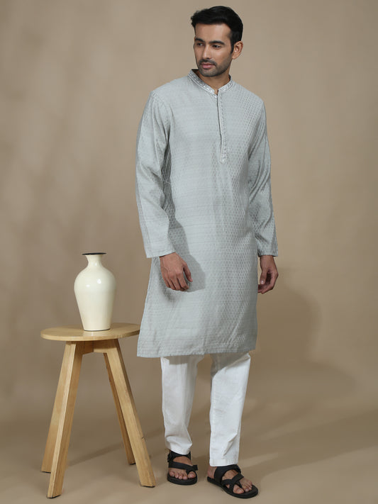 Grey Embroidered Banarasi Long Kurta