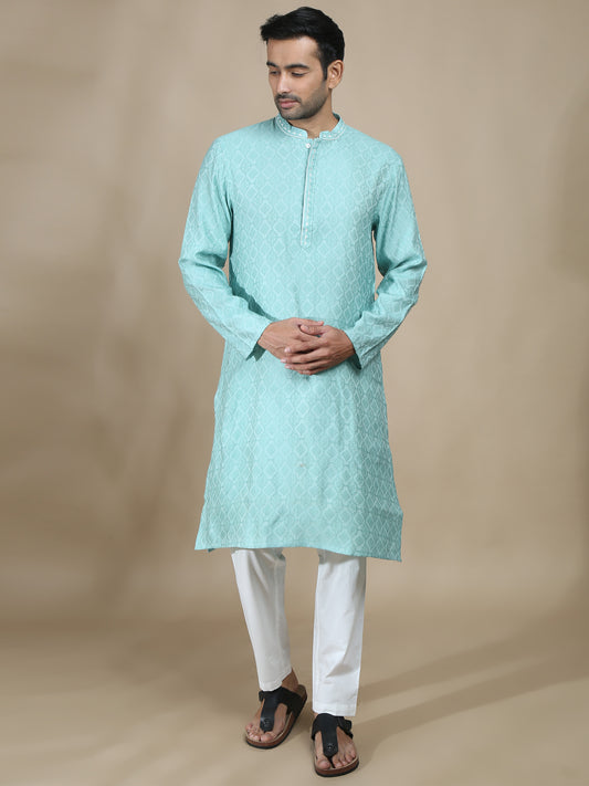 Mint Blue Embroidered Banarasi Long kurta for men