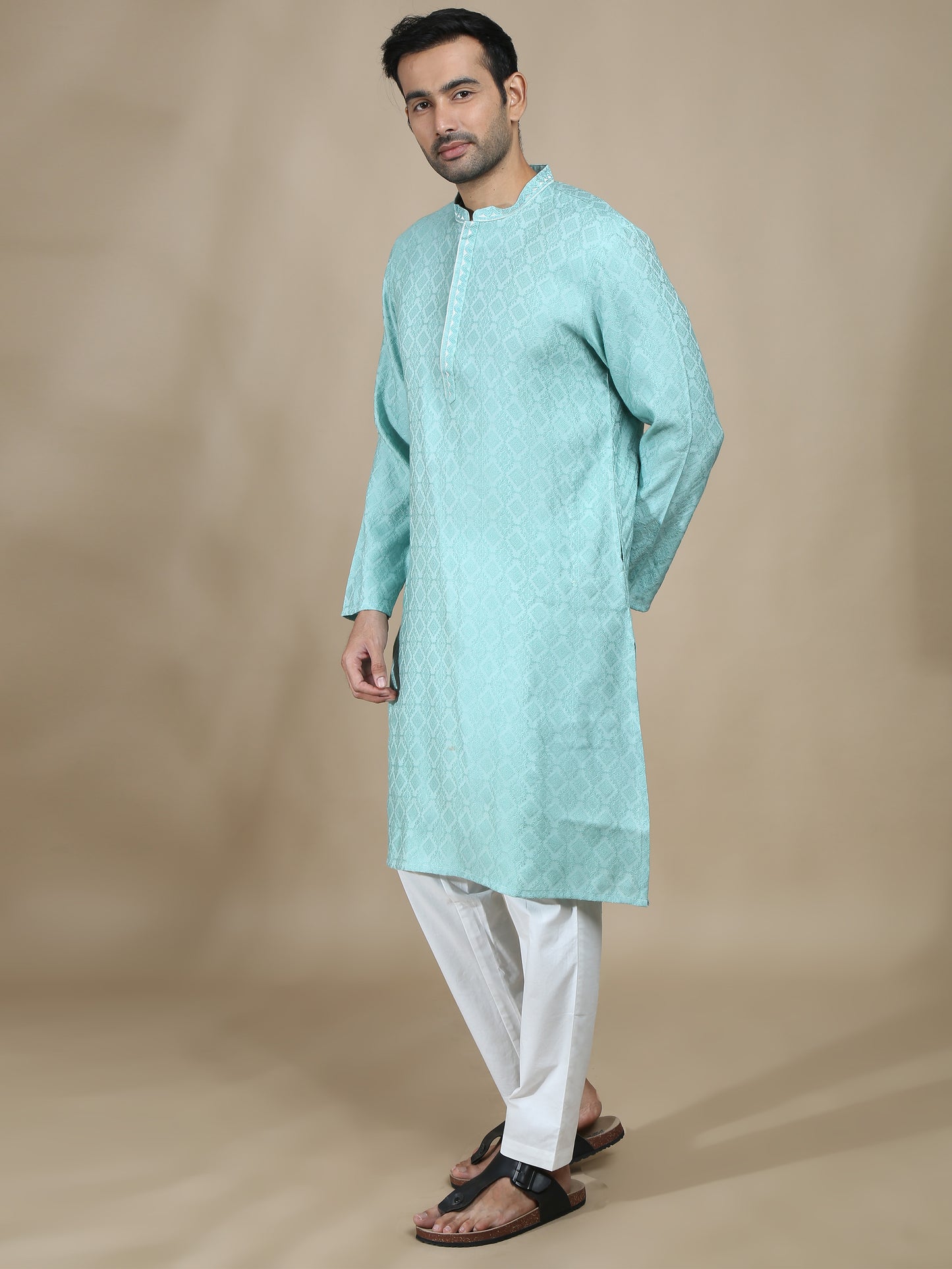 Mint Blue Embroidered Banarasi Long kurta for men