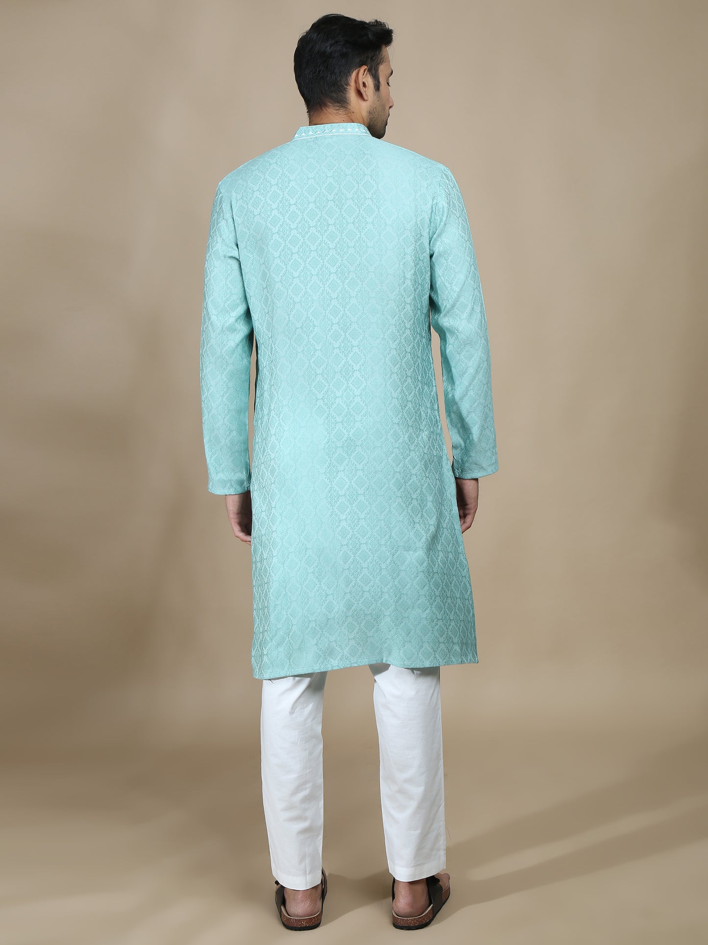 Mint Blue Embroidered Banarasi Long kurta for men