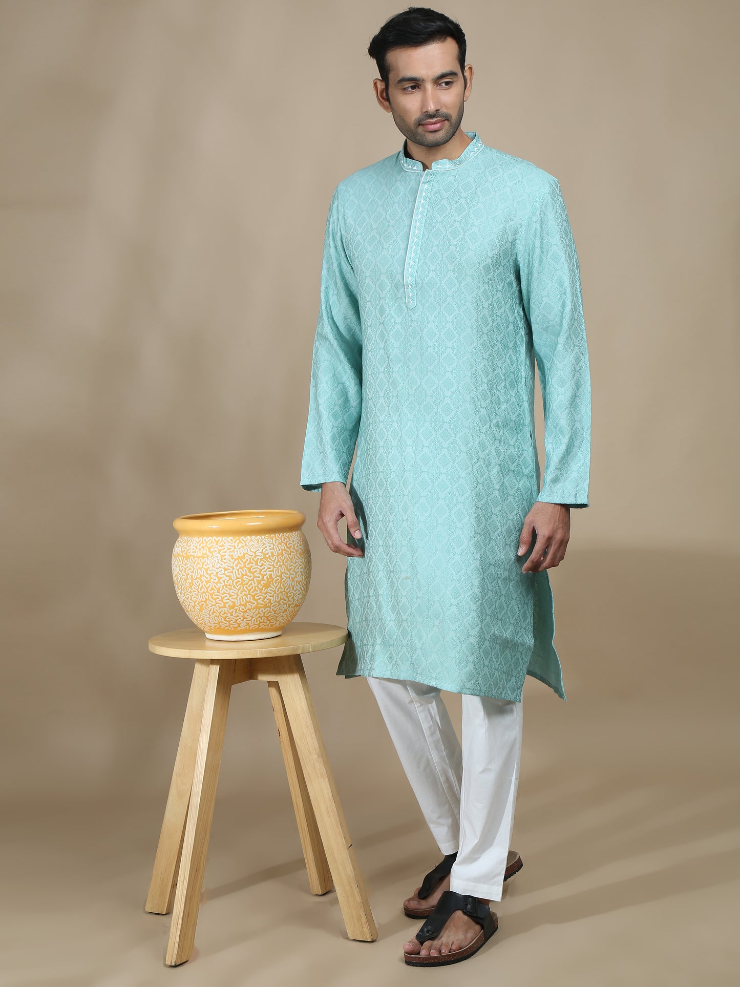 Mint Blue Embroidered Banarasi Long kurta for men