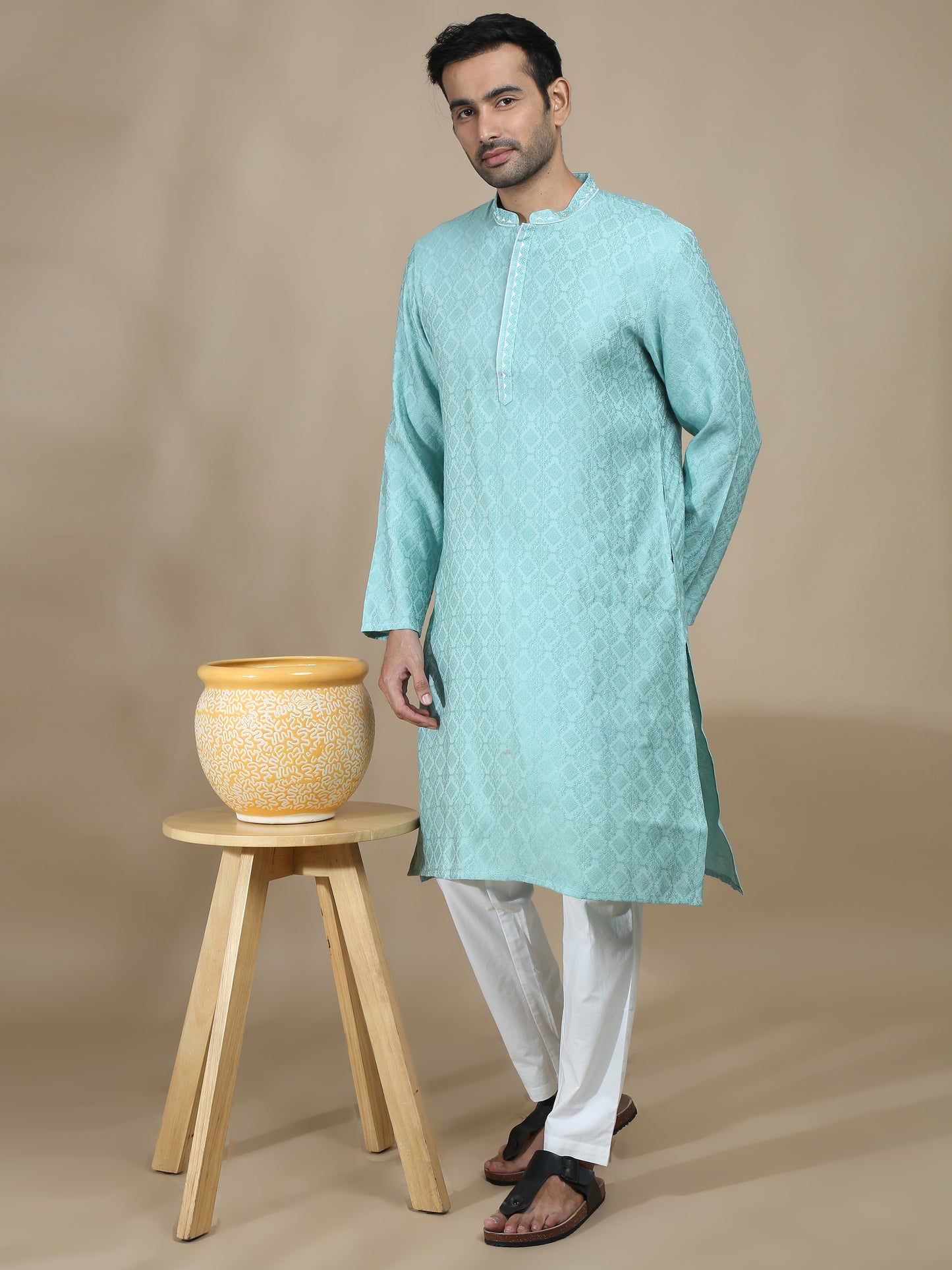 Mint Blue Embroidered Banarasi Long kurta for men