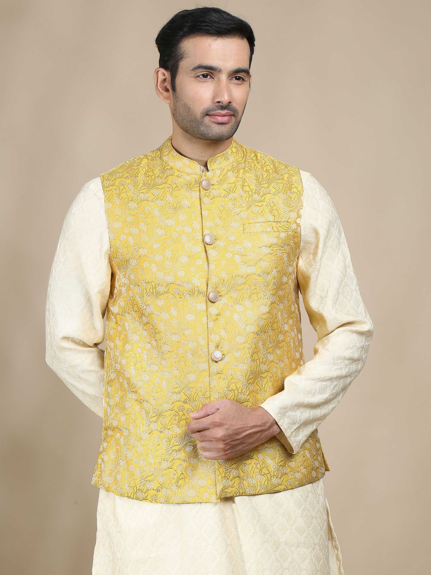 Yellow Brocade Nehru Jacket for Men