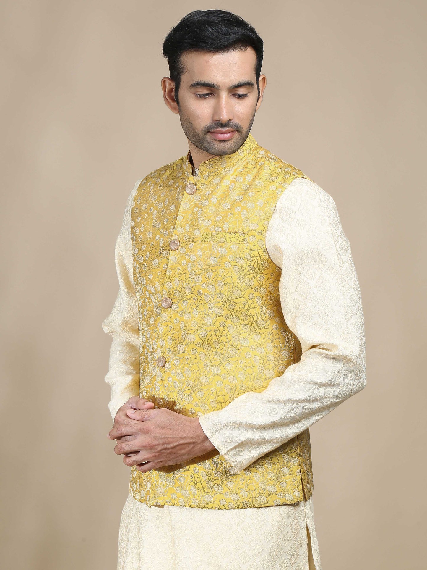 Yellow Brocade Nehru Jacket for Men