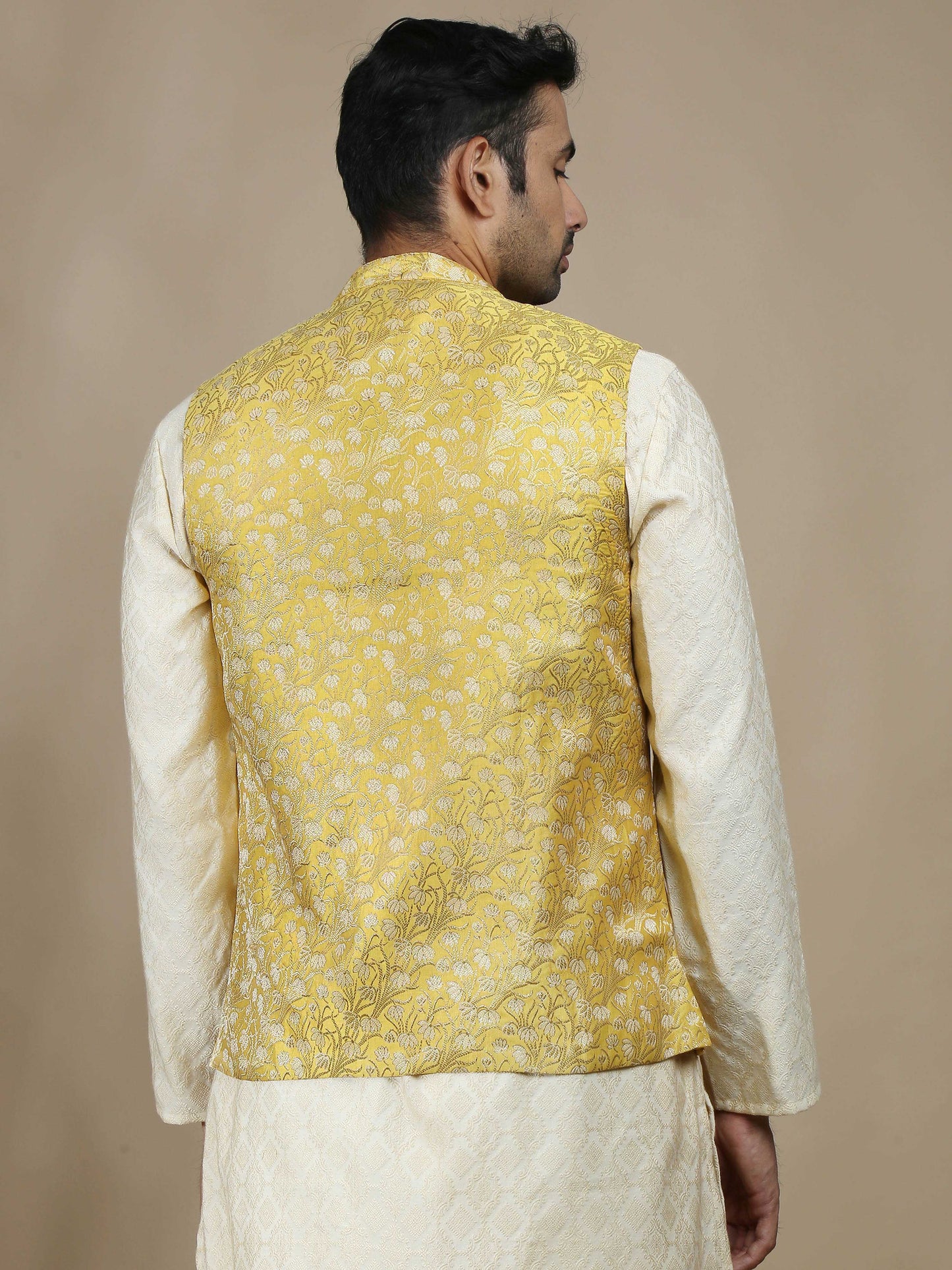 Yellow Brocade Nehru Jacket for Men