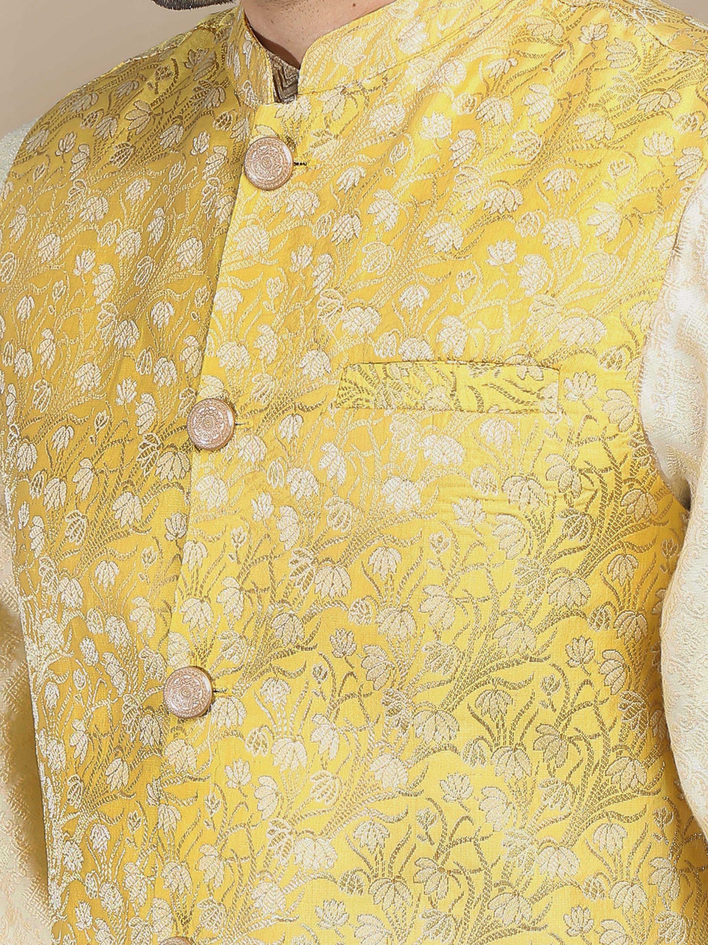 Yellow Brocade Nehru Jacket for Men