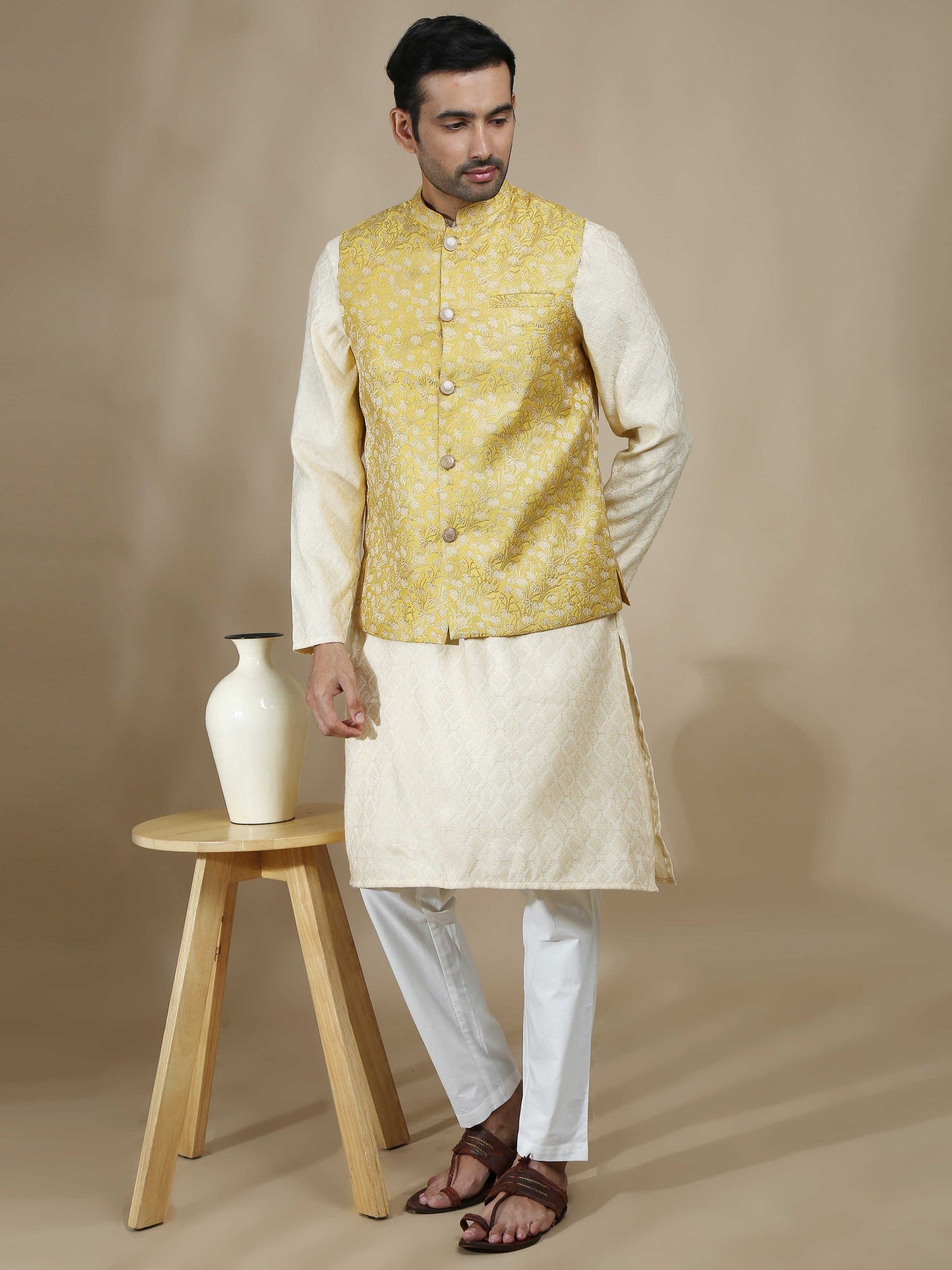 Yellow Brocade Nehru Jacket for Men