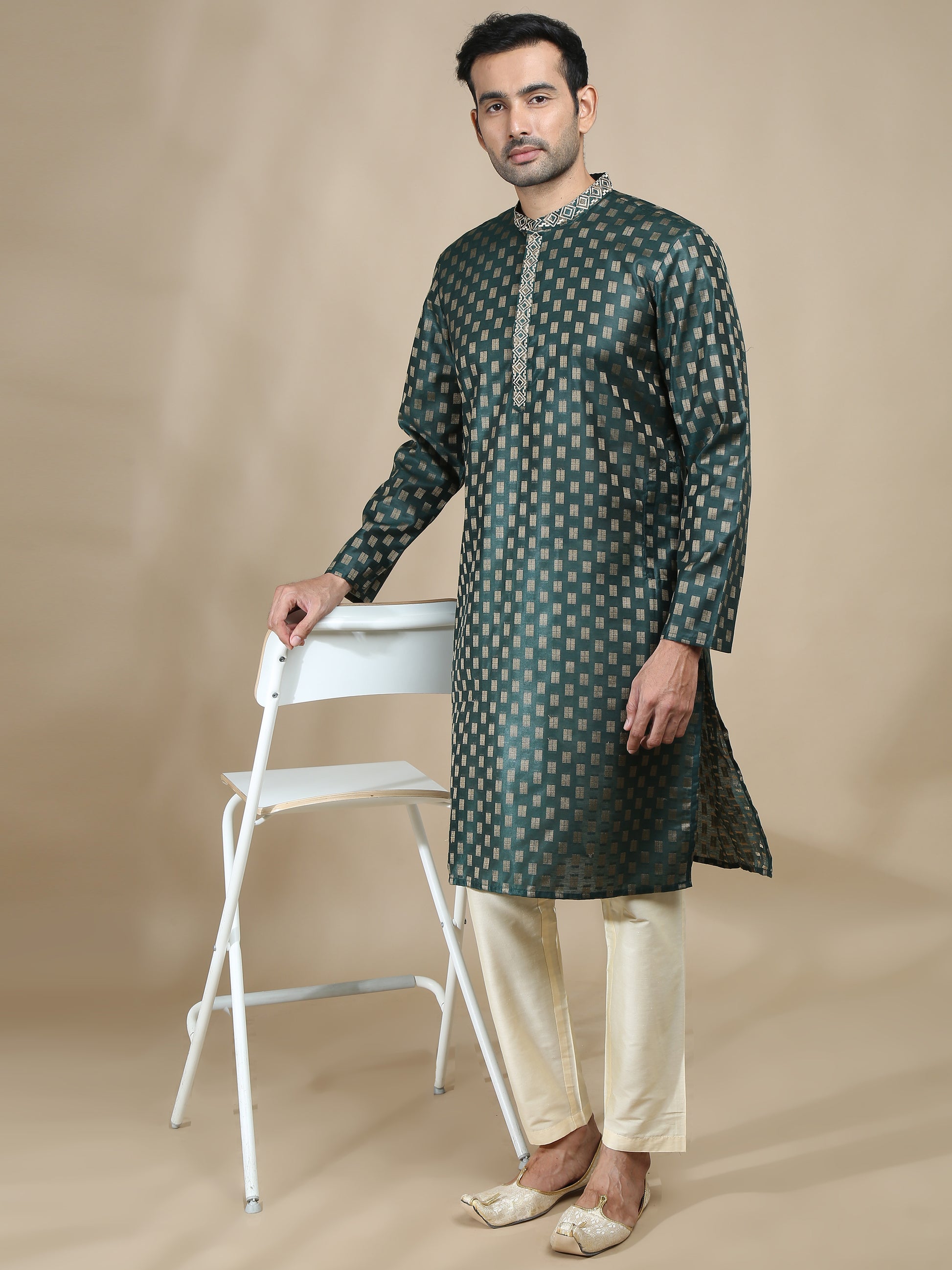 Embroidered Bottle Green Long Kurta for Men