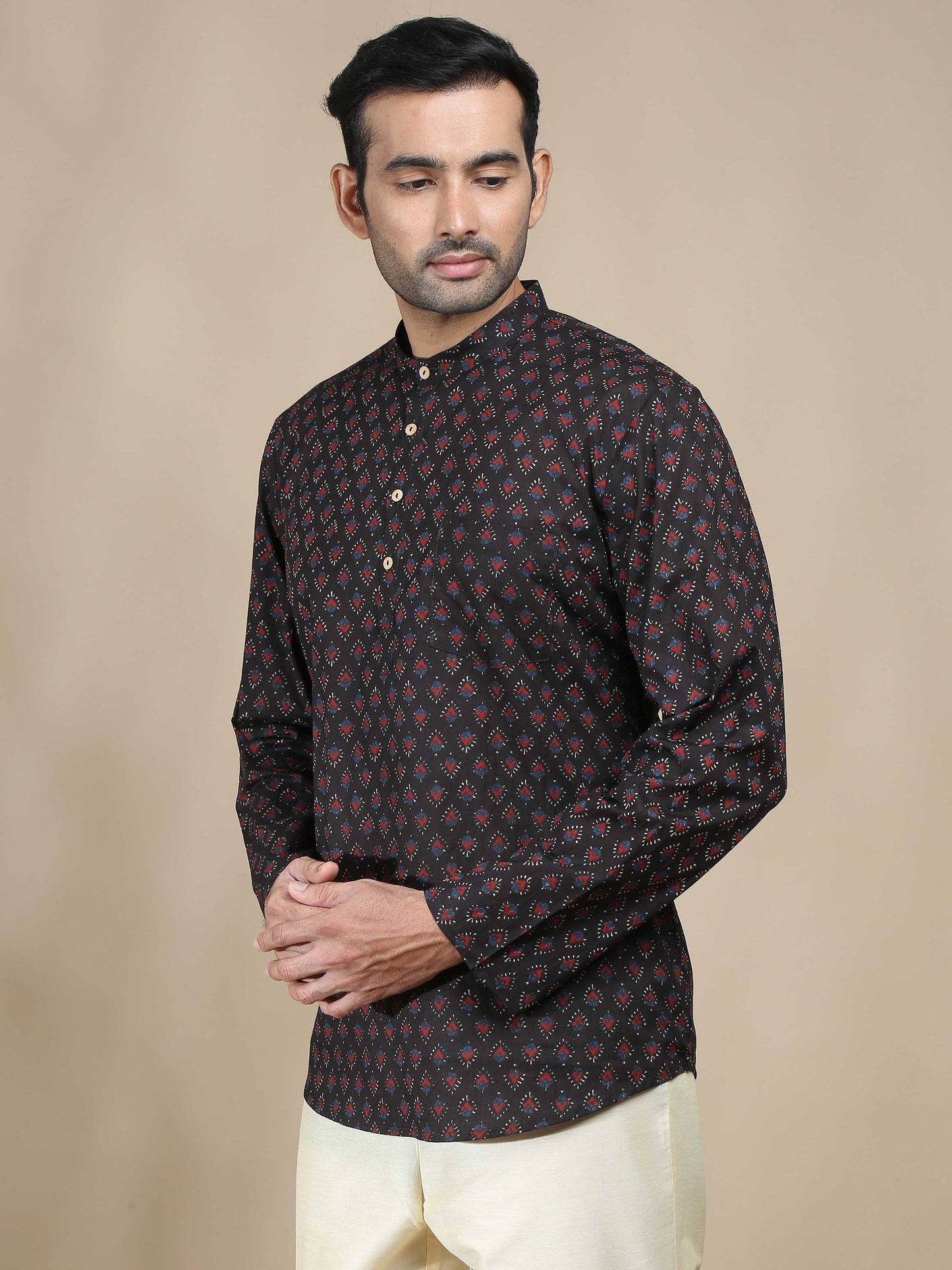 Black Jaipur Print Short Kurta for Men