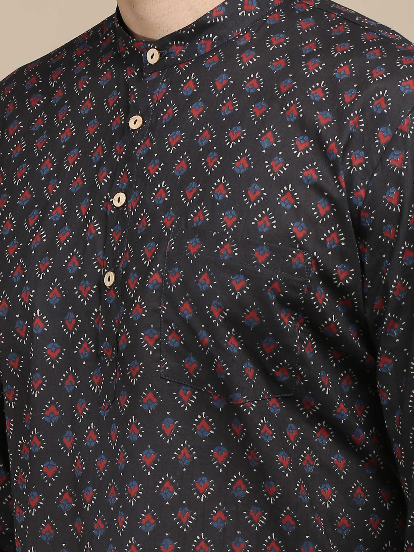 Black Jaipur Print Short Kurta for Men