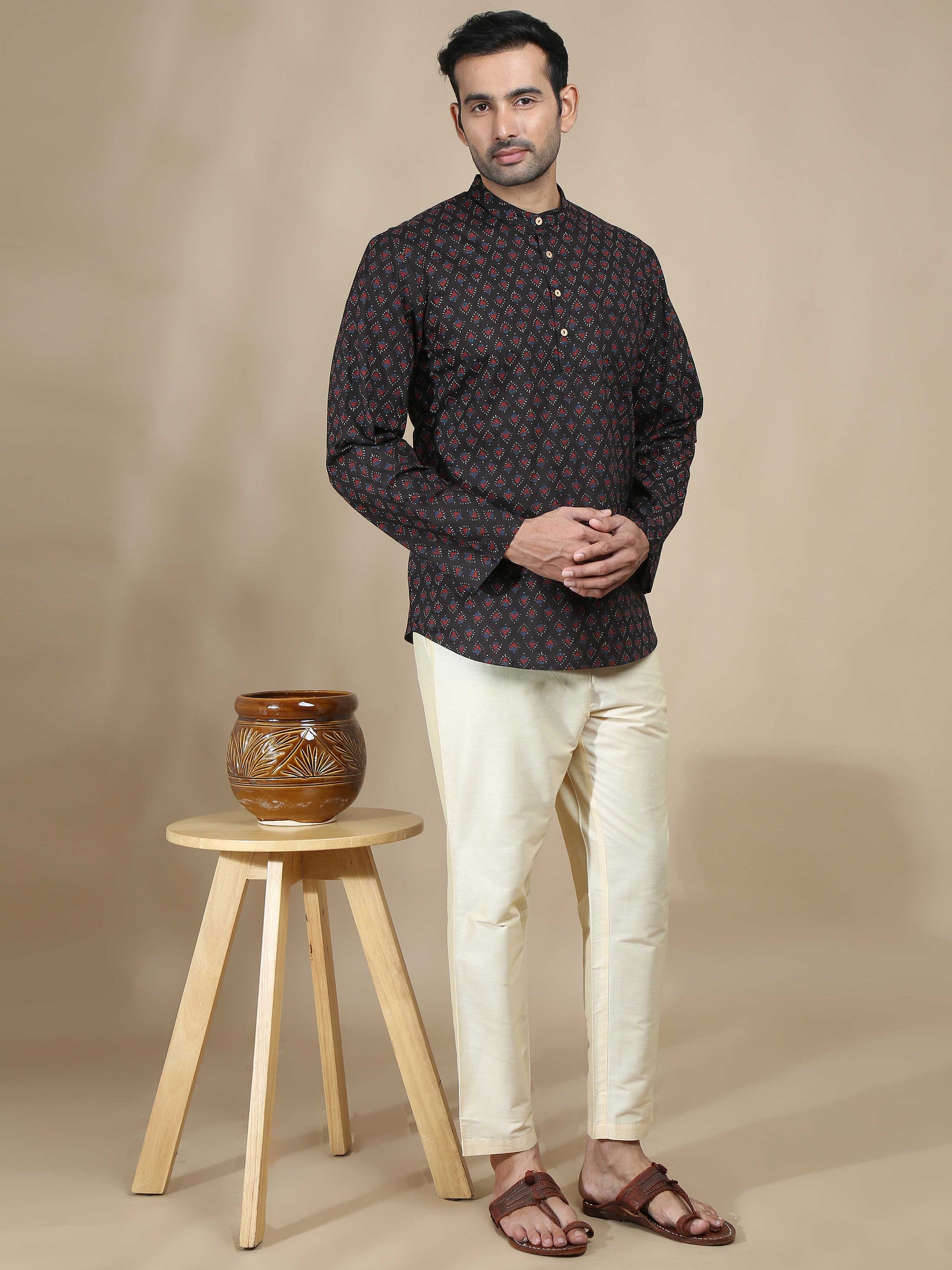Black Jaipur Print Short Kurta for Men