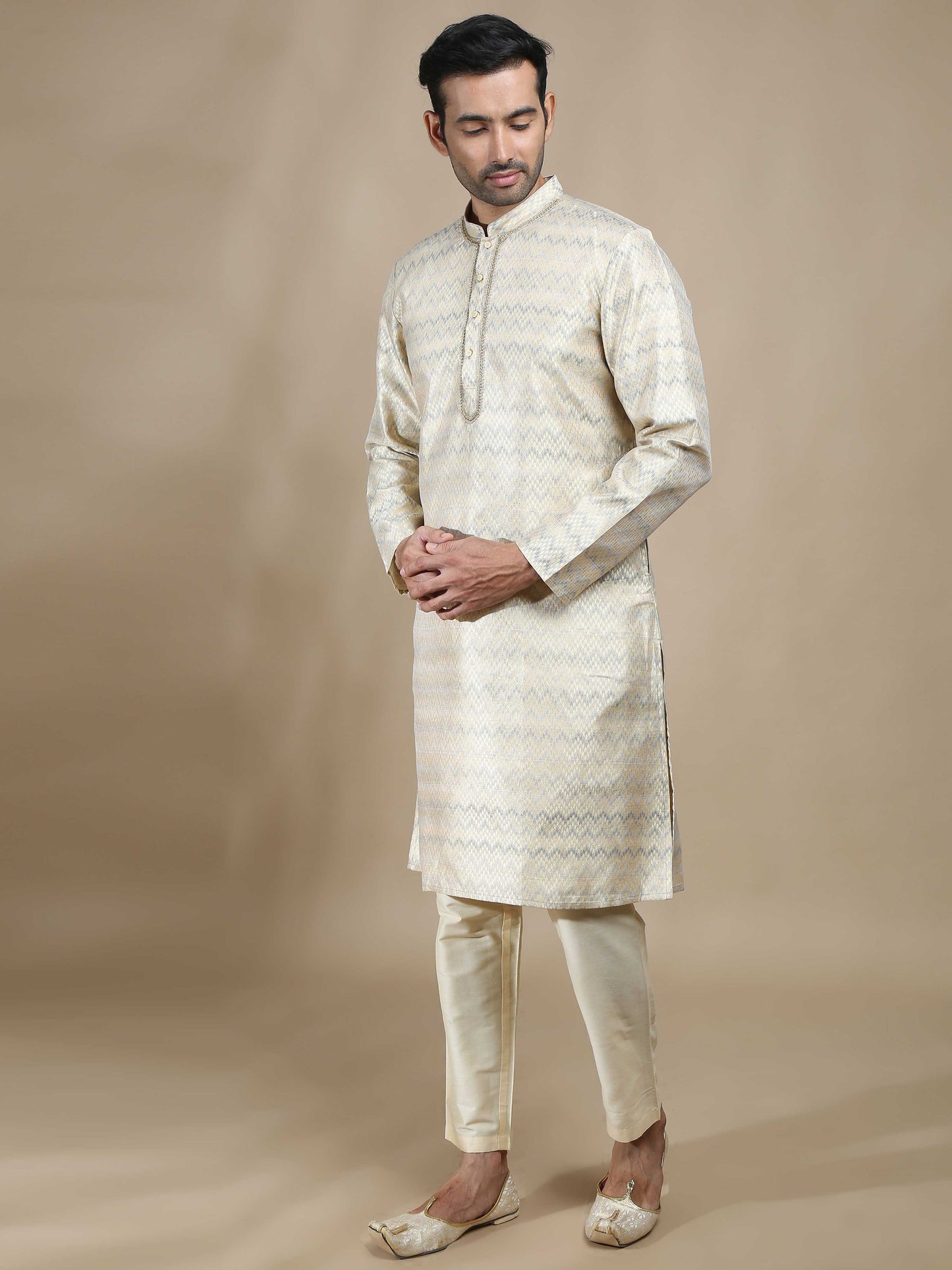 Beige and Grey Banarasi Brocade Long Kurta for Men
