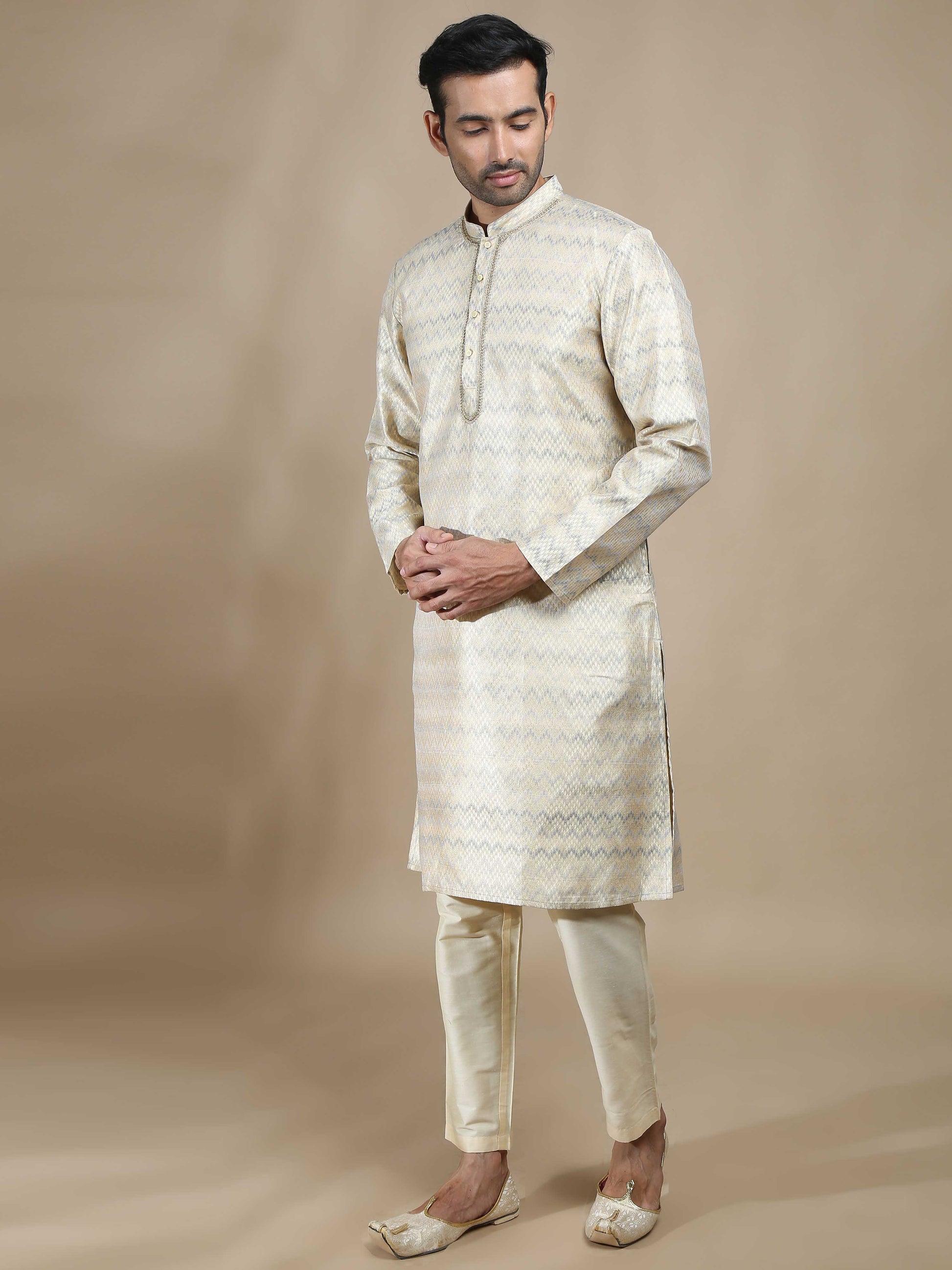 Beige and Grey Banarasi Brocade Long Kurta for Men