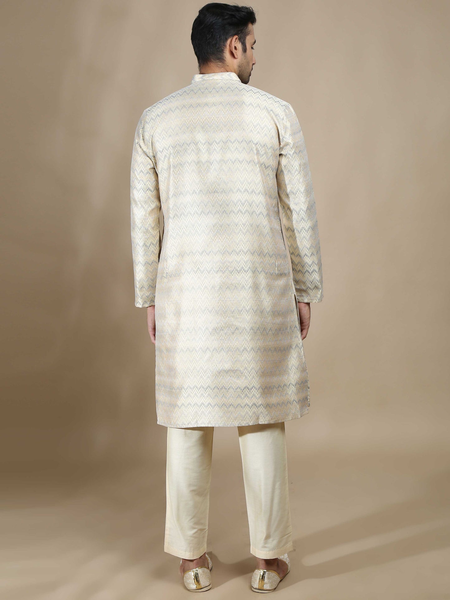 Beige and Grey Banarasi Brocade Long Kurta for Men