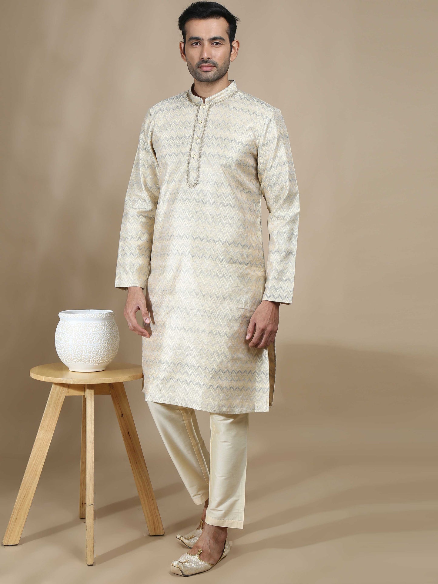 Beige and Grey Banarasi Brocade Long Kurta for Men