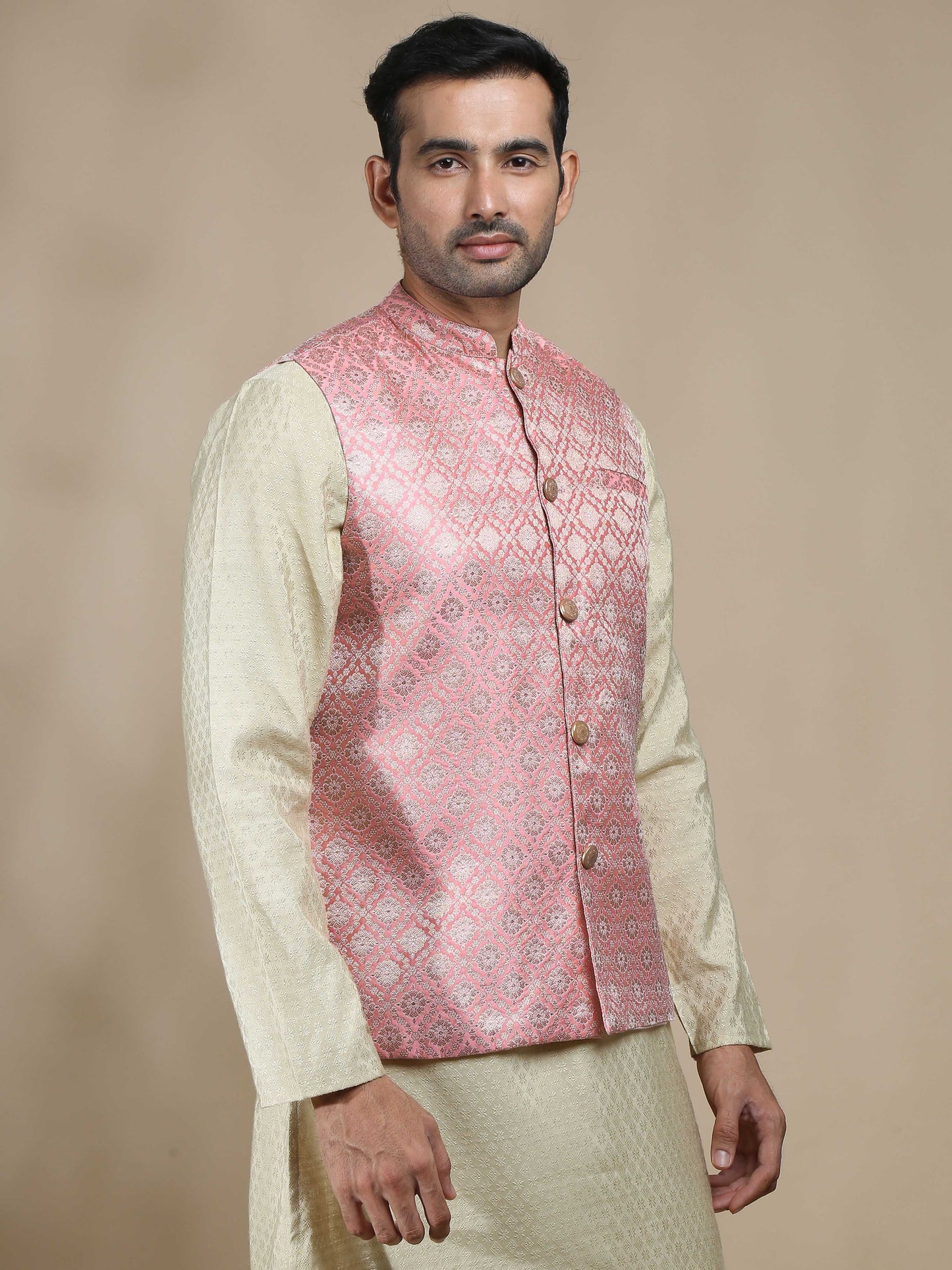 Light Pink Brocade Half Nehru Jacket for Men