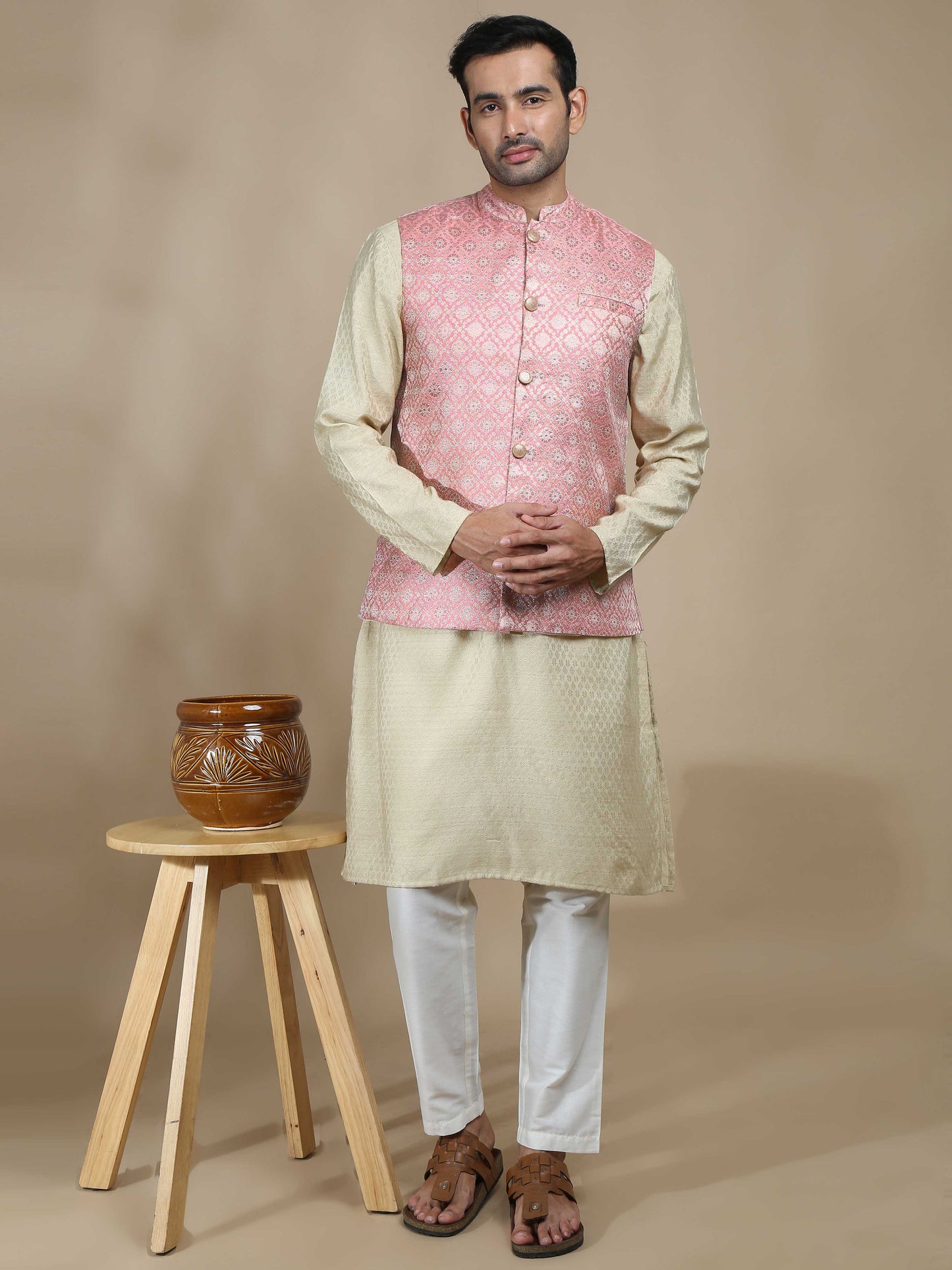 Light Pink Brocade Half Nehru Jacket for Men