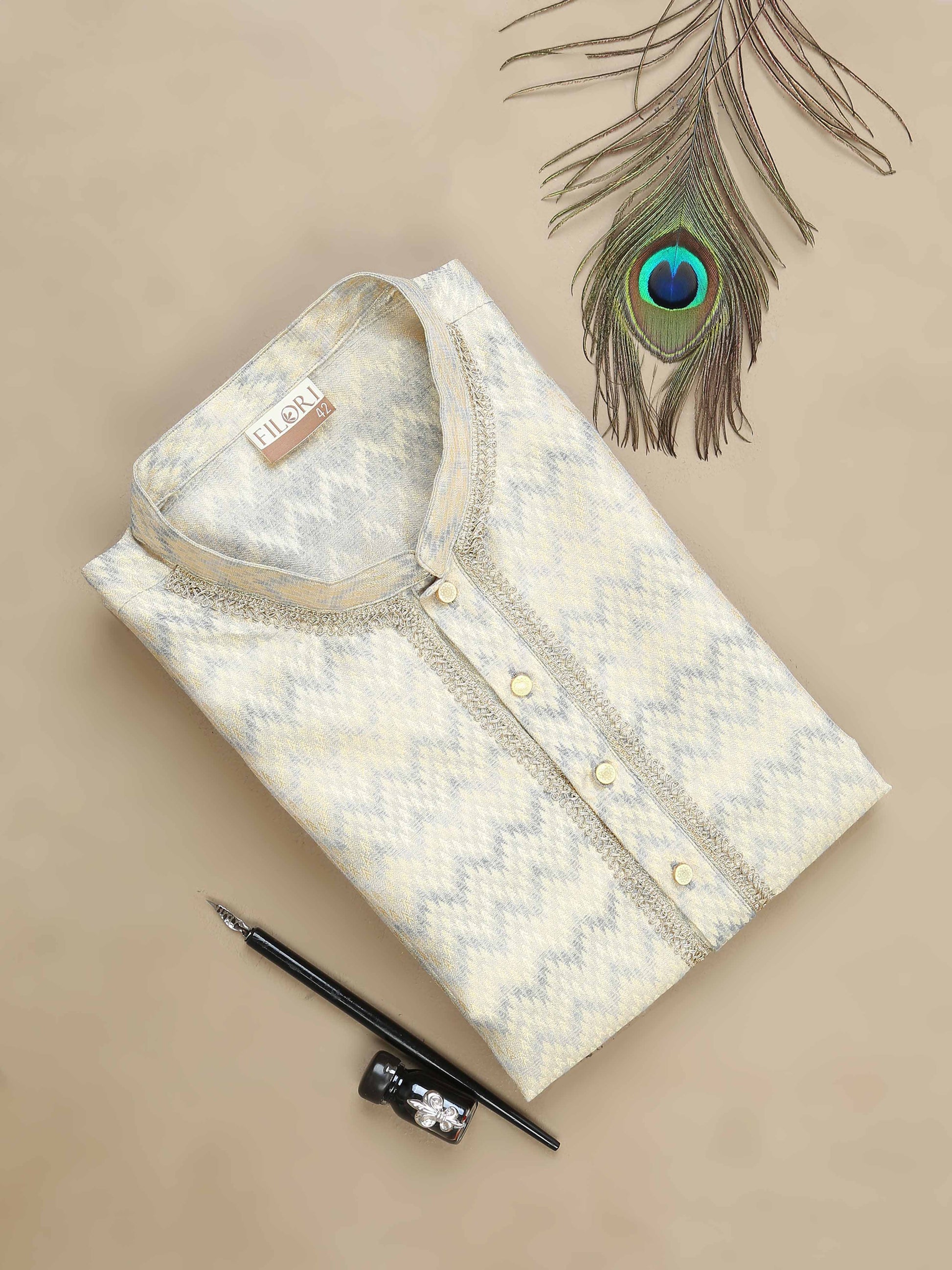 Beige and Grey Banarasi Brocade Long Kurta for Men