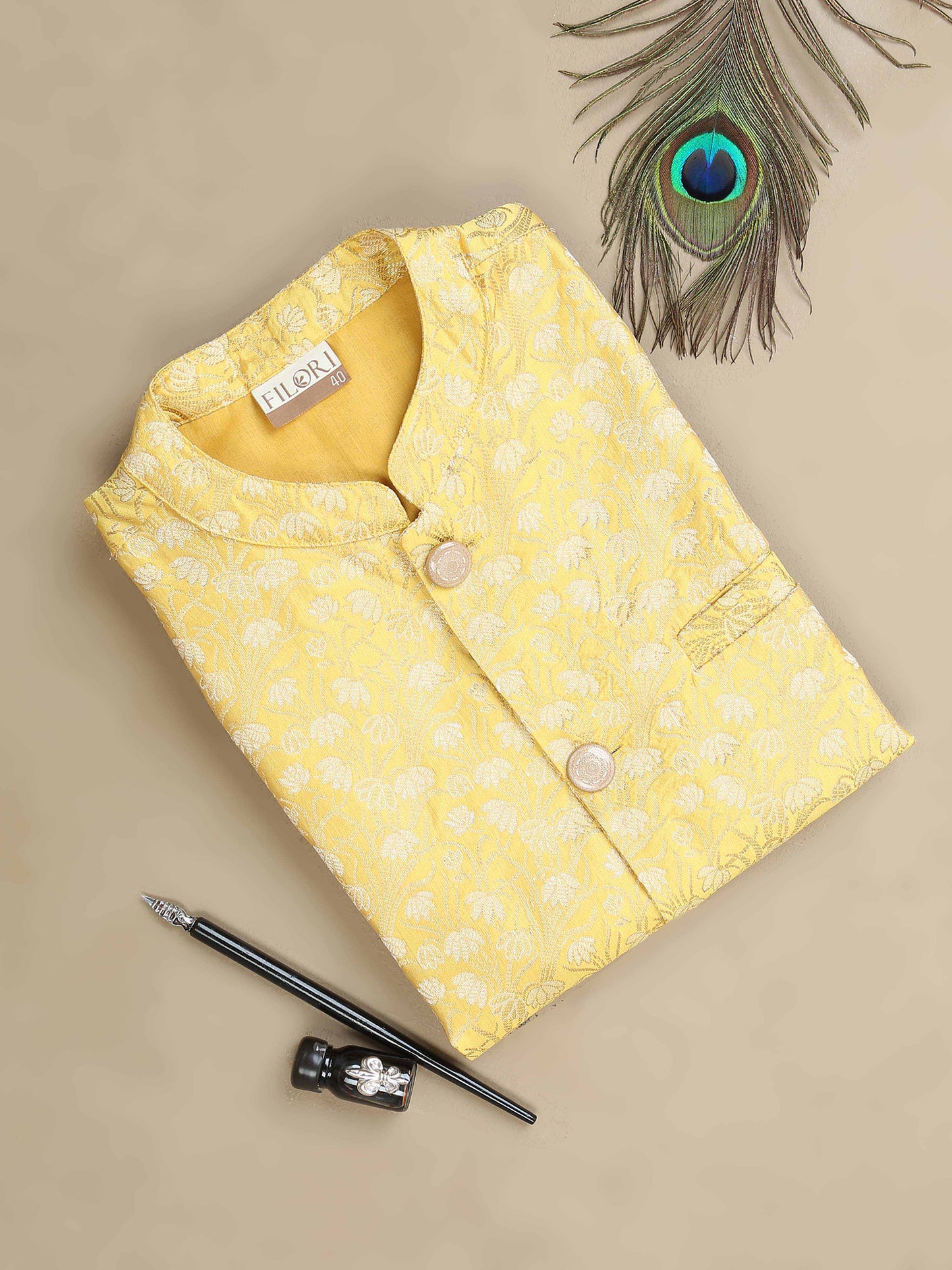 Yellow Brocade Nehru Jacket for Men
