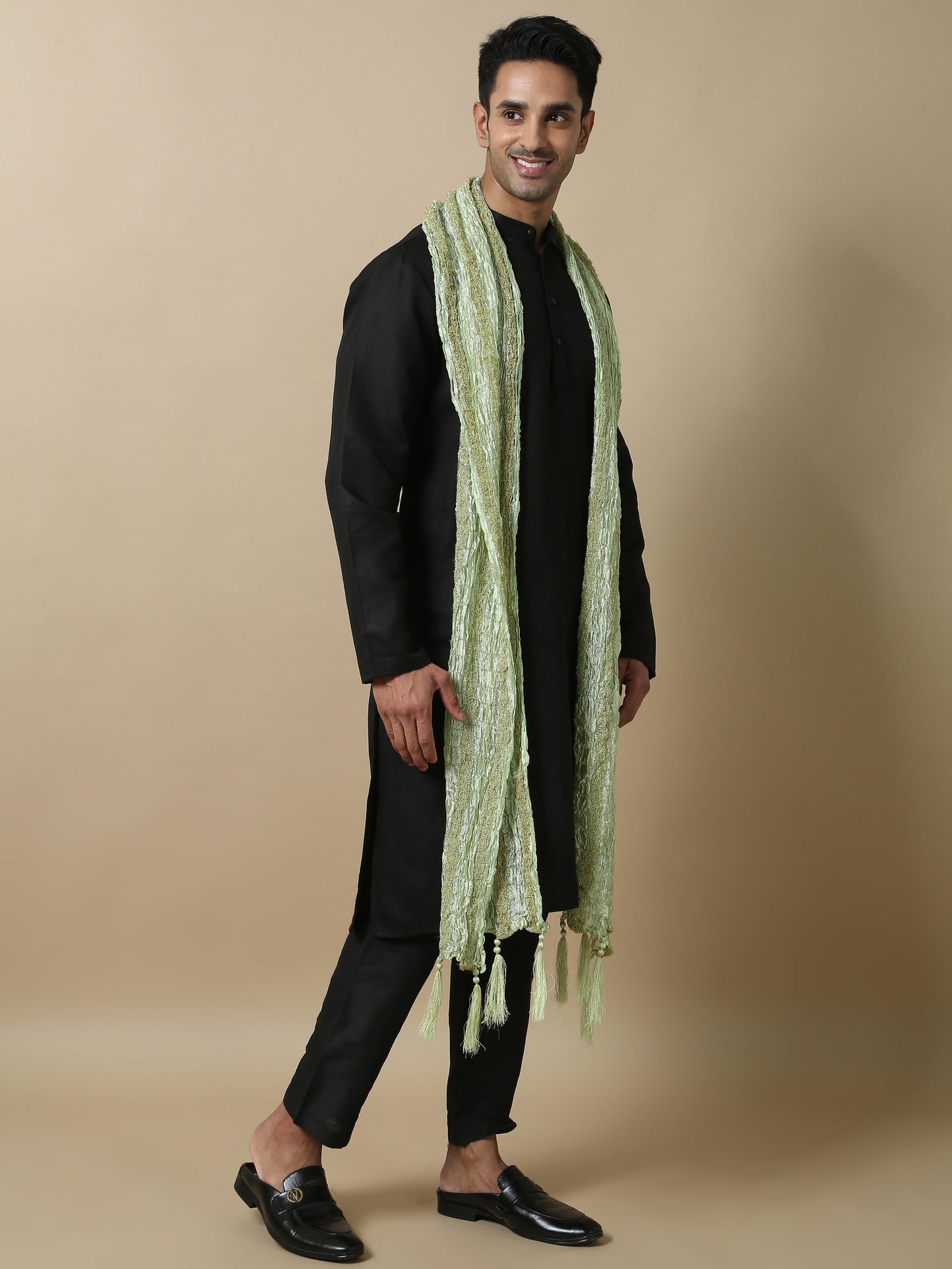 Pista Green Banarasi Stole for Men