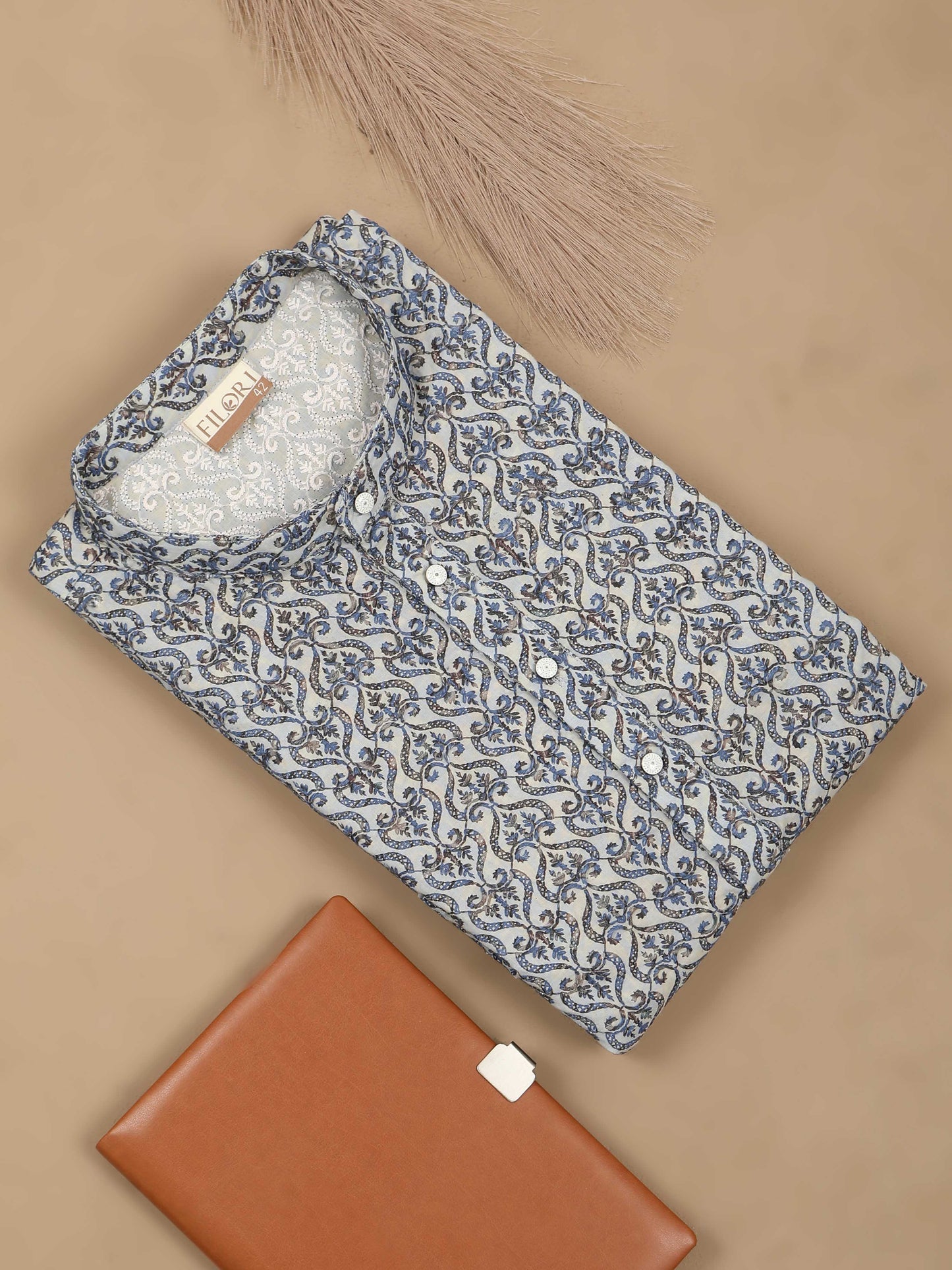 Blue Embroidered long cotton kurta for men