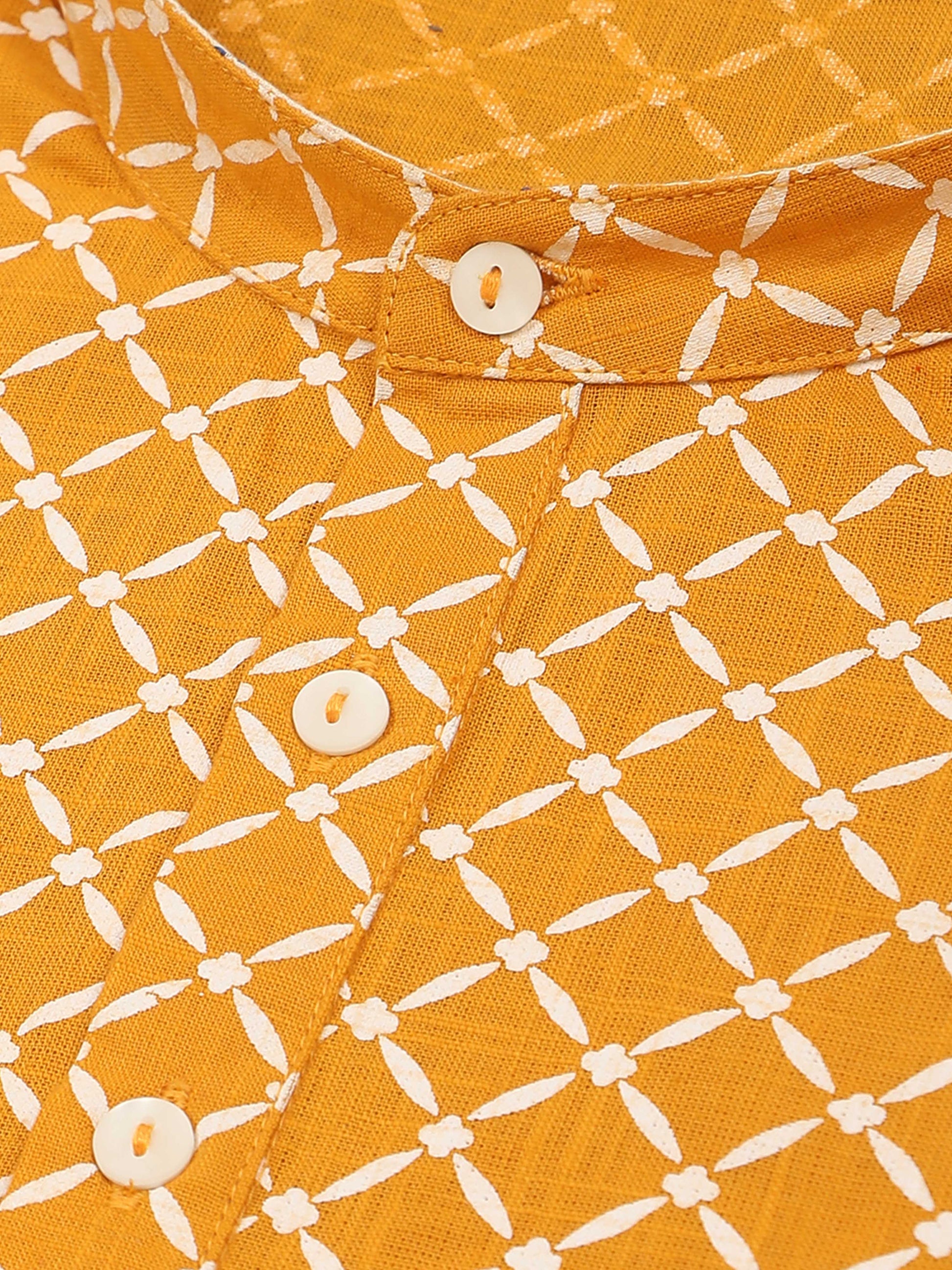 Yellow and White Printed Short Kurta for Men