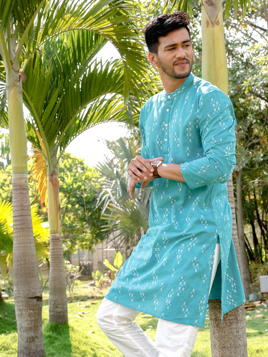 Teal Printed Jaipuri Long Kurta