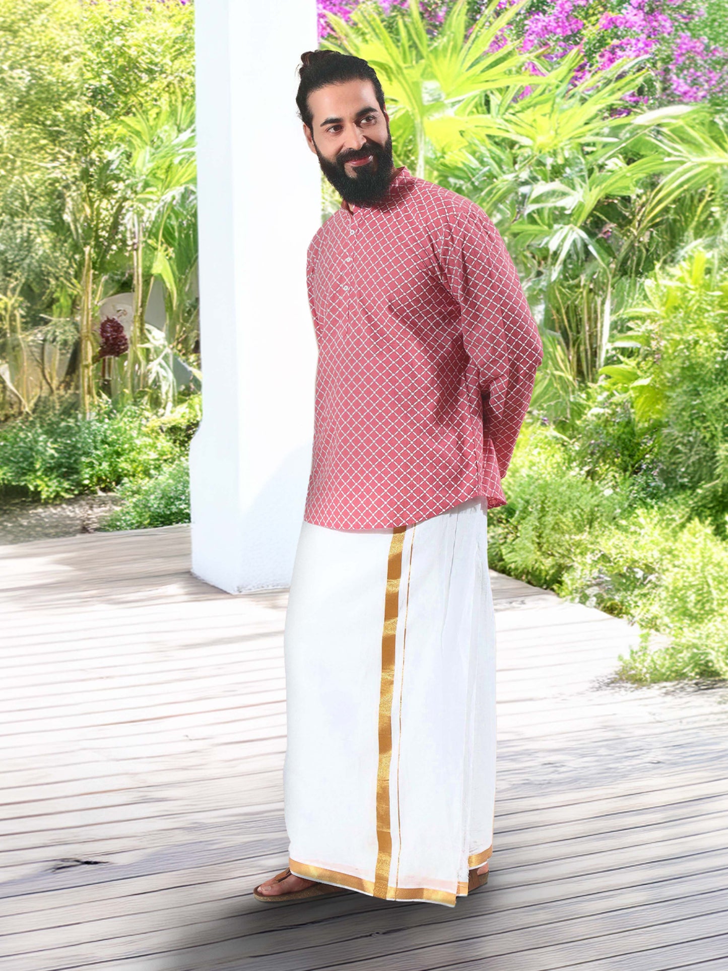 Peach and White Printed Short Kurta