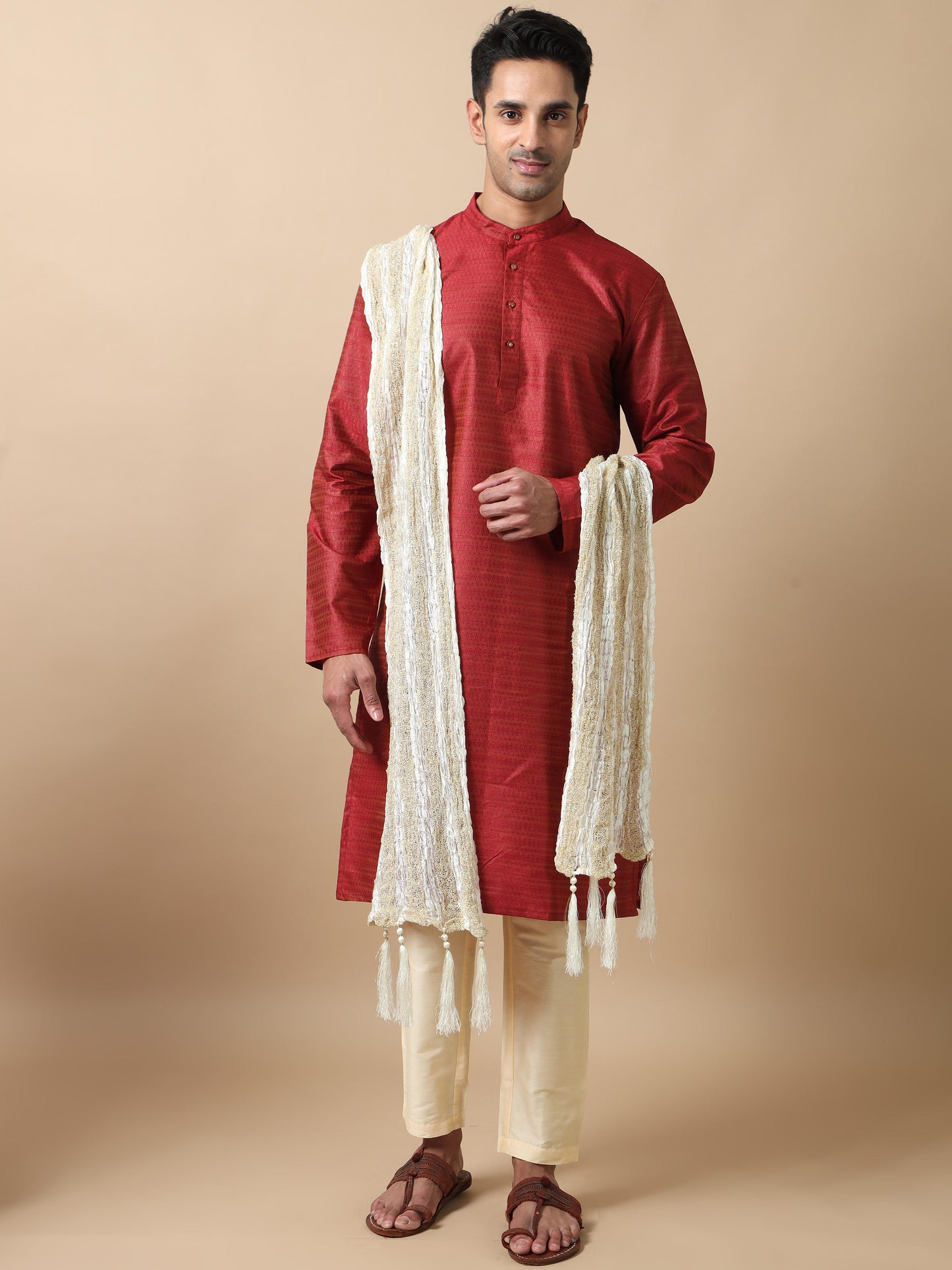 Maroon Banarasi Woven men's long kurtas