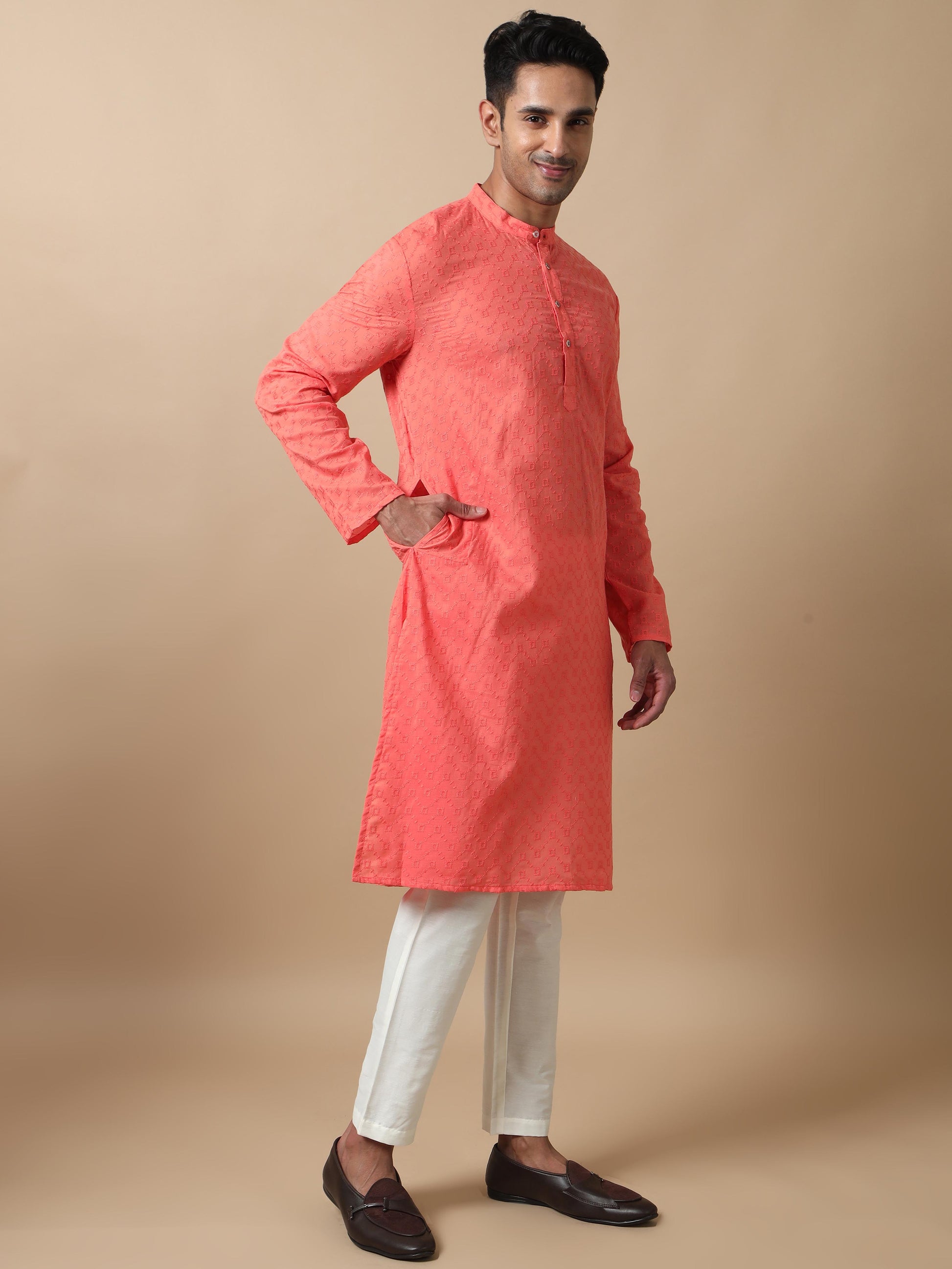 Coral Peach men's long kurtas online shopping