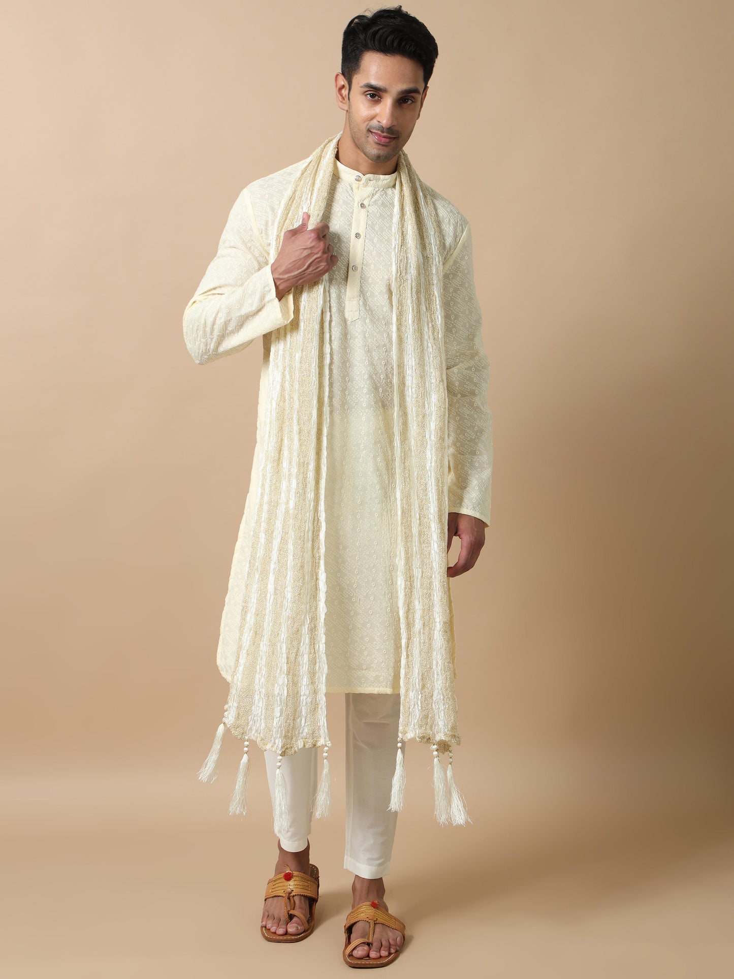 Cream chikankari mens long kurta designs