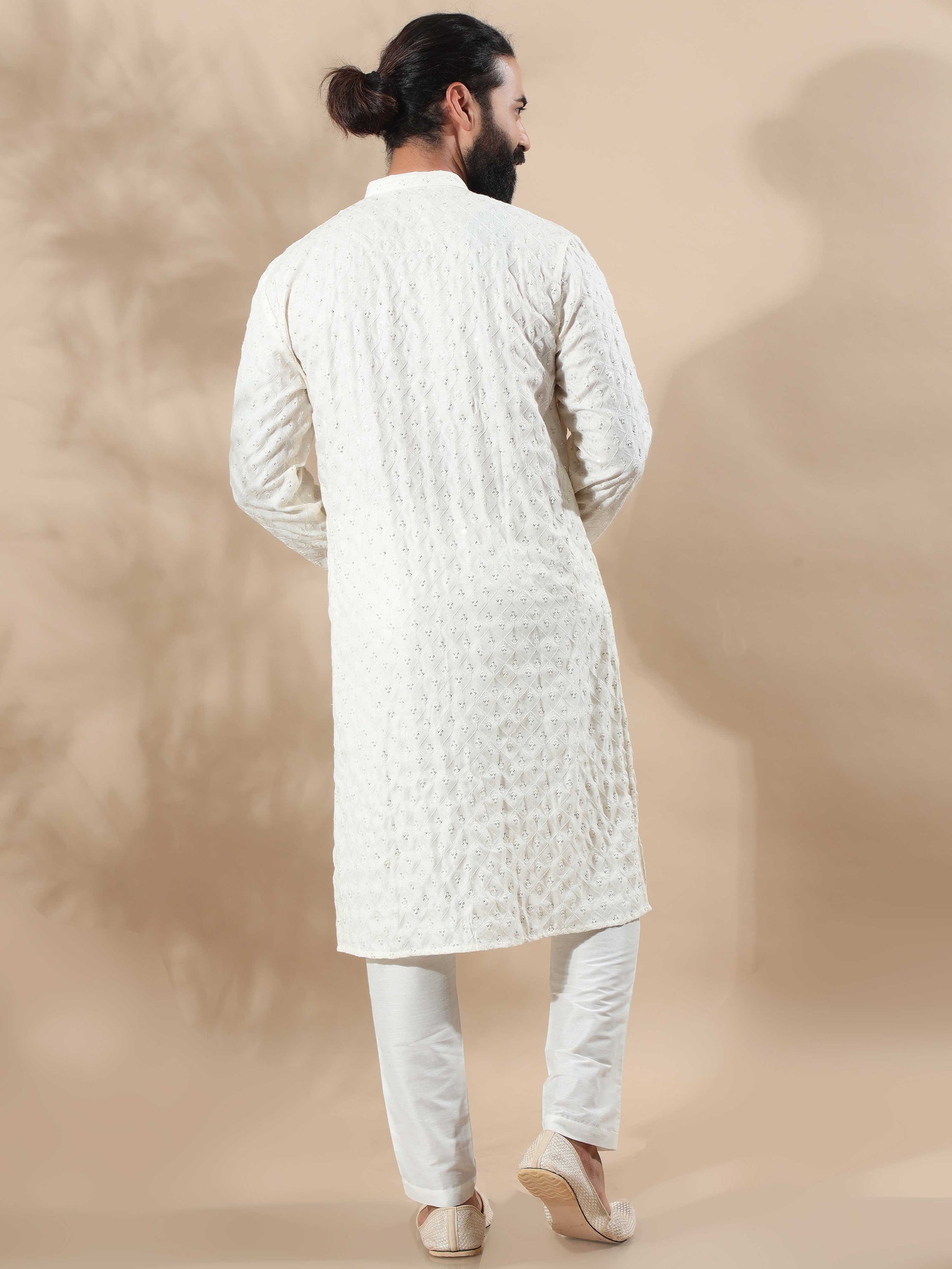 Cream Embroidery Long Kurta for Men