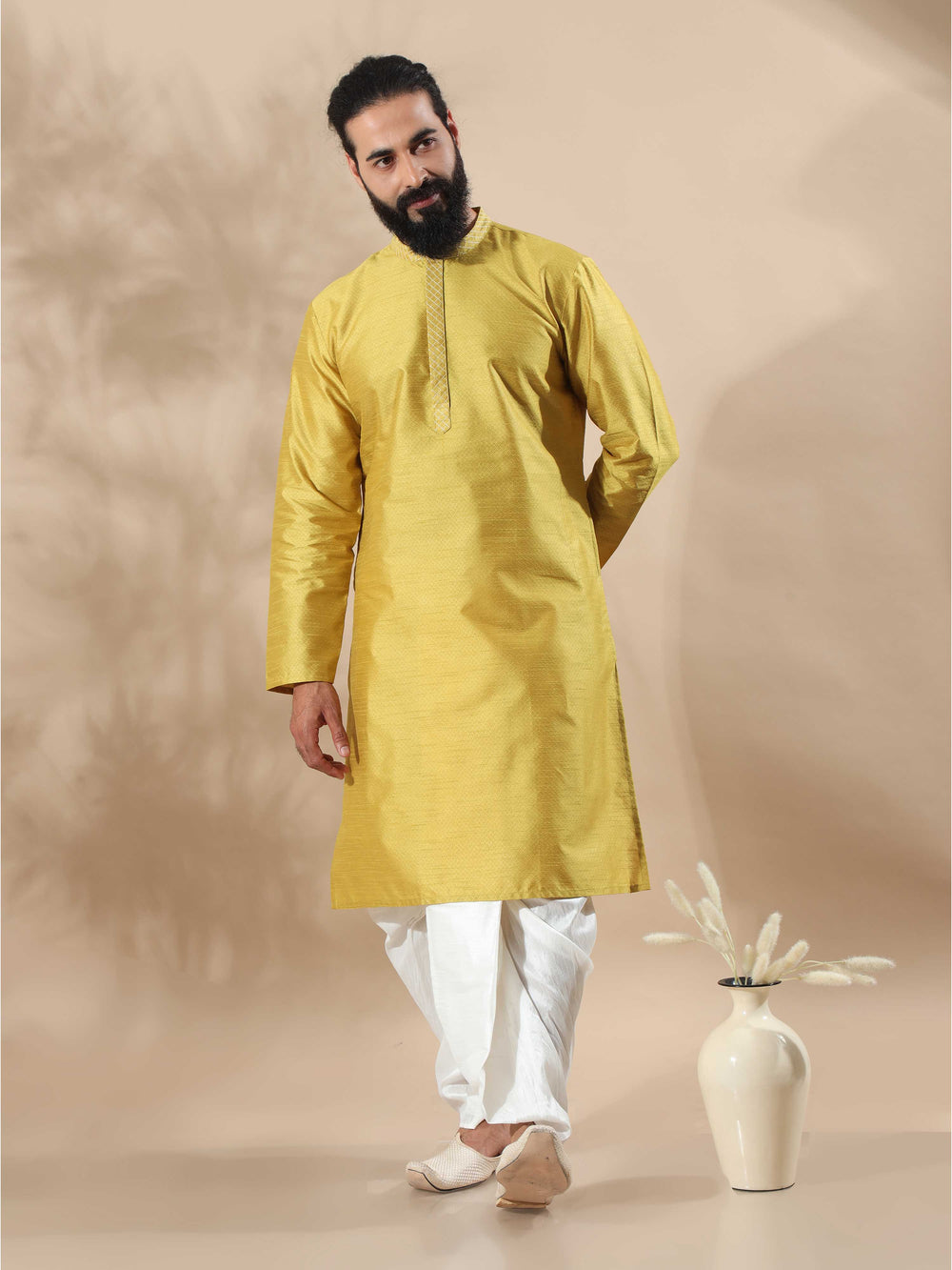 Mustard Yellow Embroidered long kurta for men