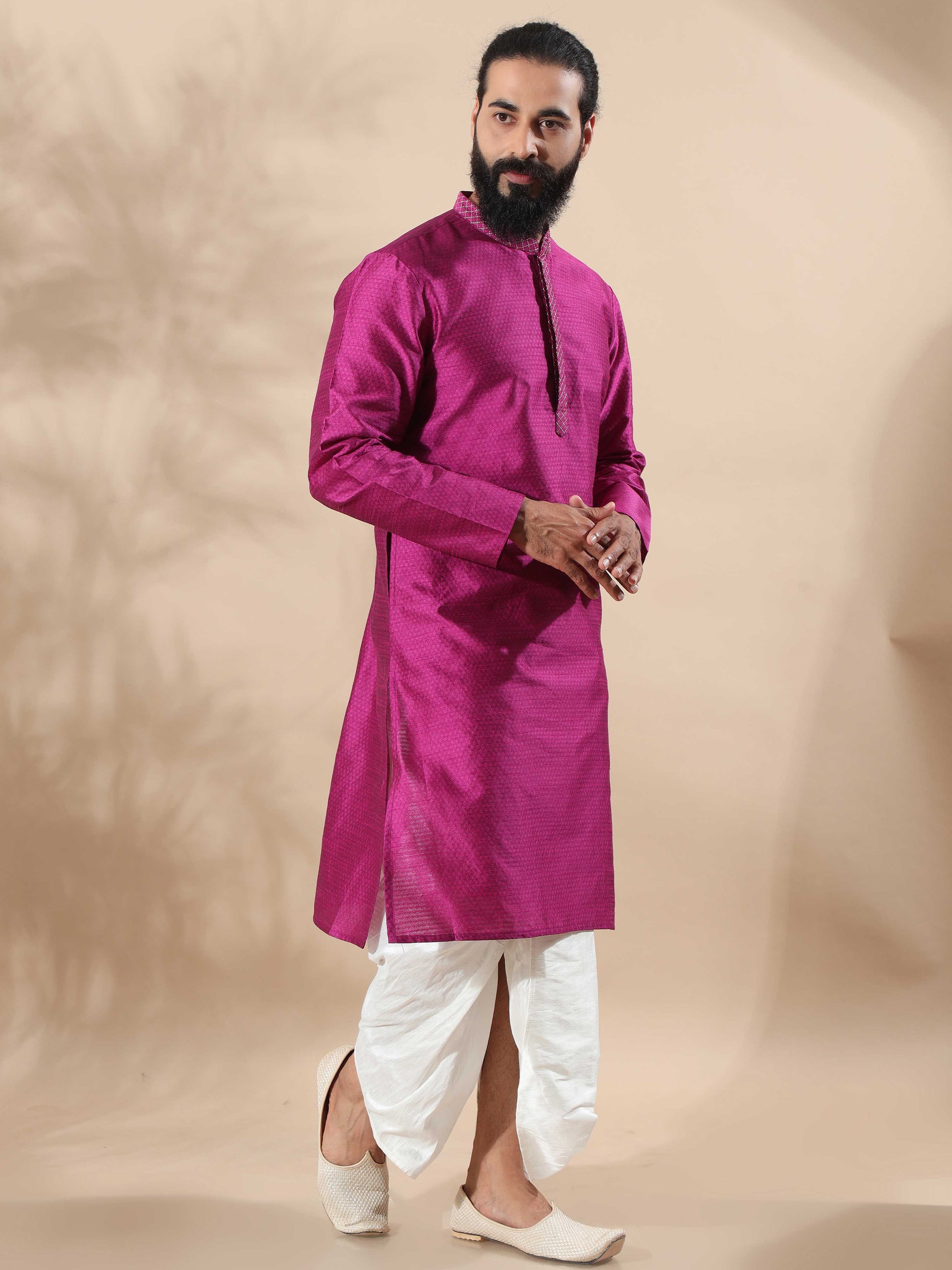 Rani Pink Embroidered long kurta for men