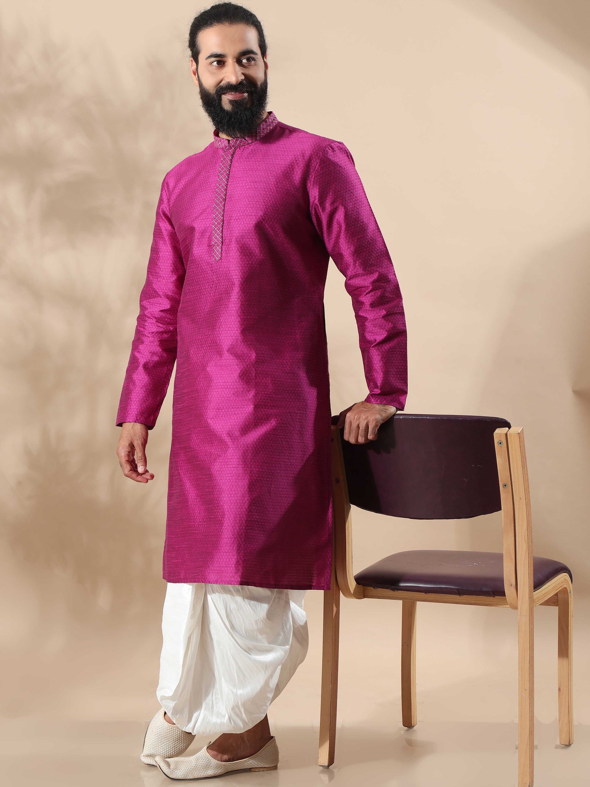 Rani Pink Embroidered long kurta for men