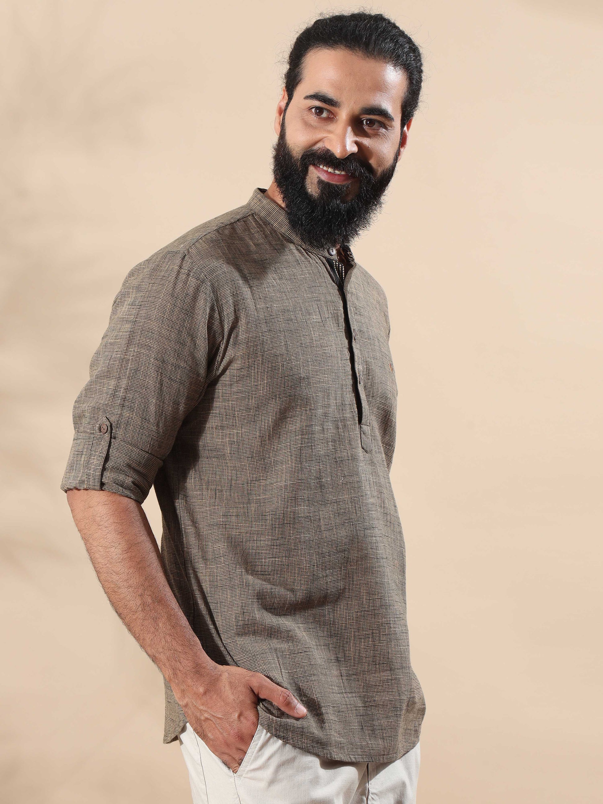 Beige Cotton Short Kurta for Men