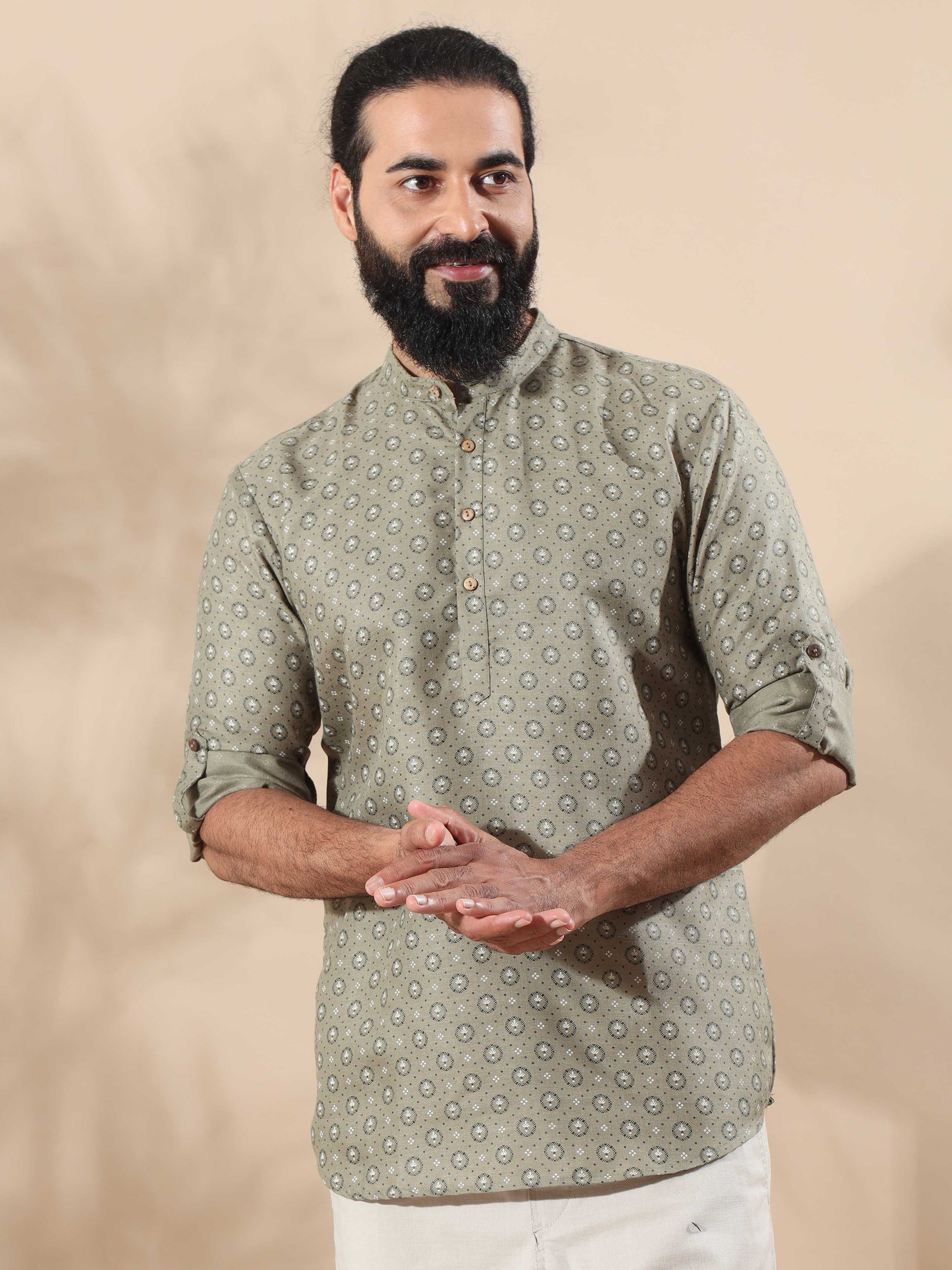 Grey printed half kurta for Men