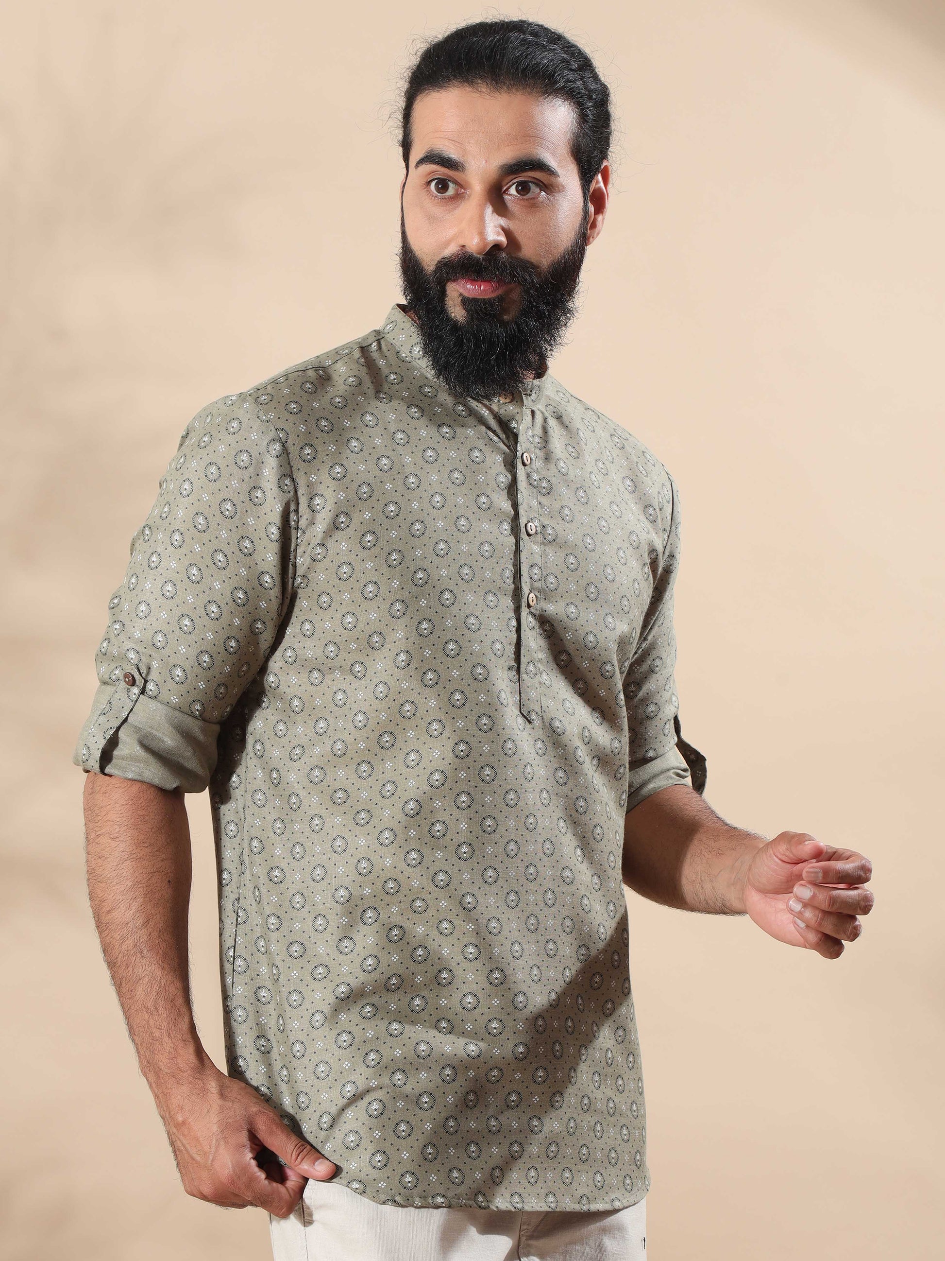 Grey printed half kurta for Men