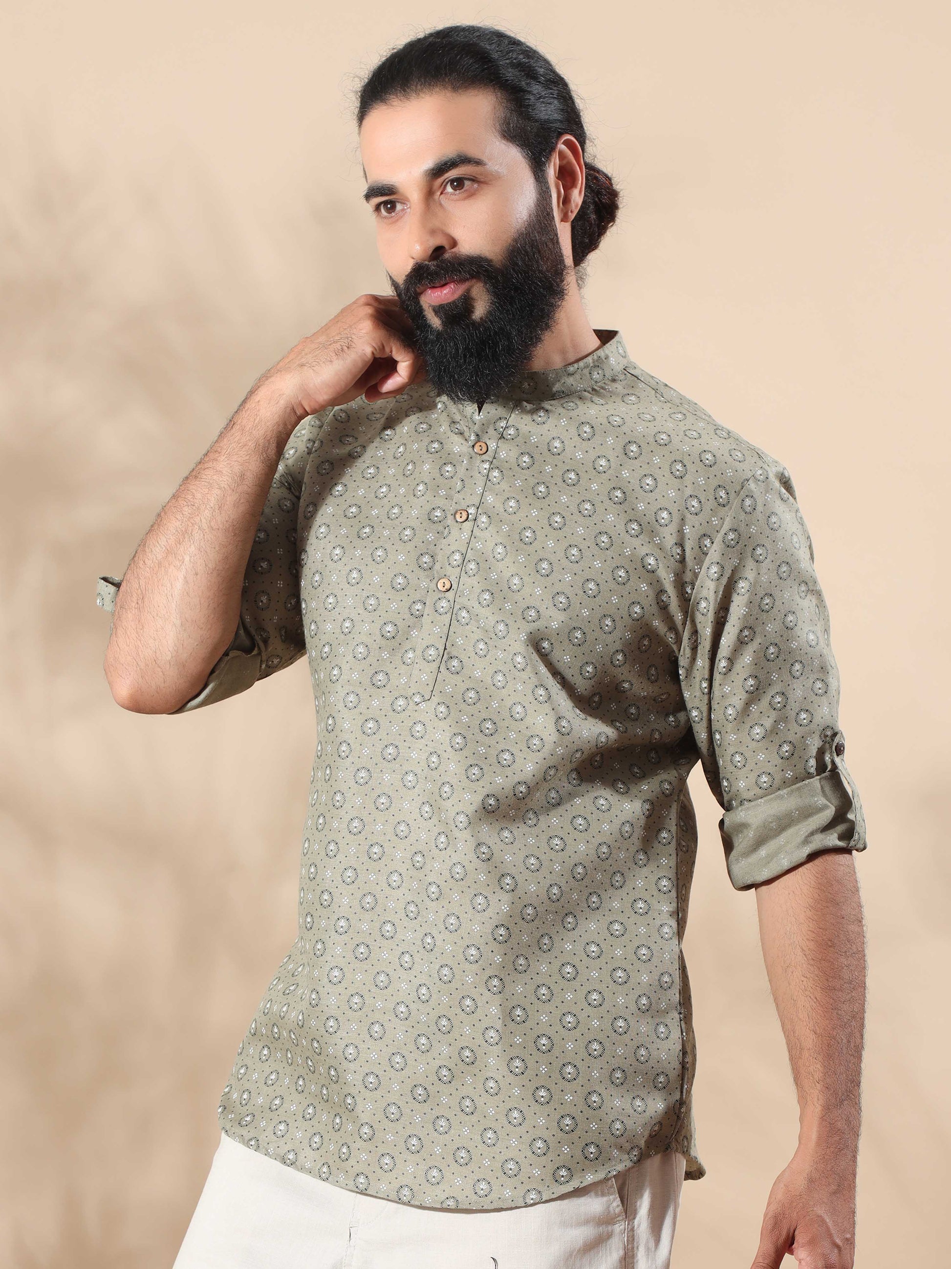 Grey printed half kurta for Men