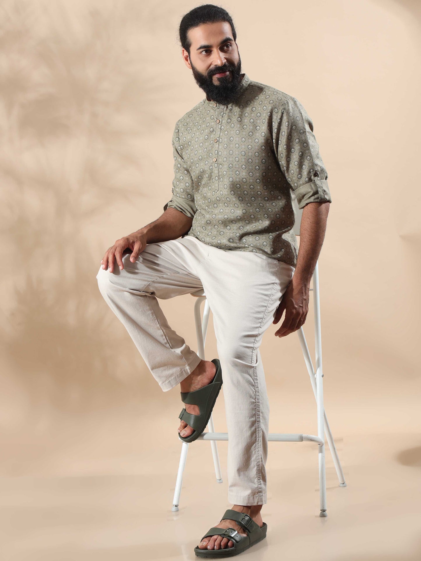 Grey printed half kurta for Men